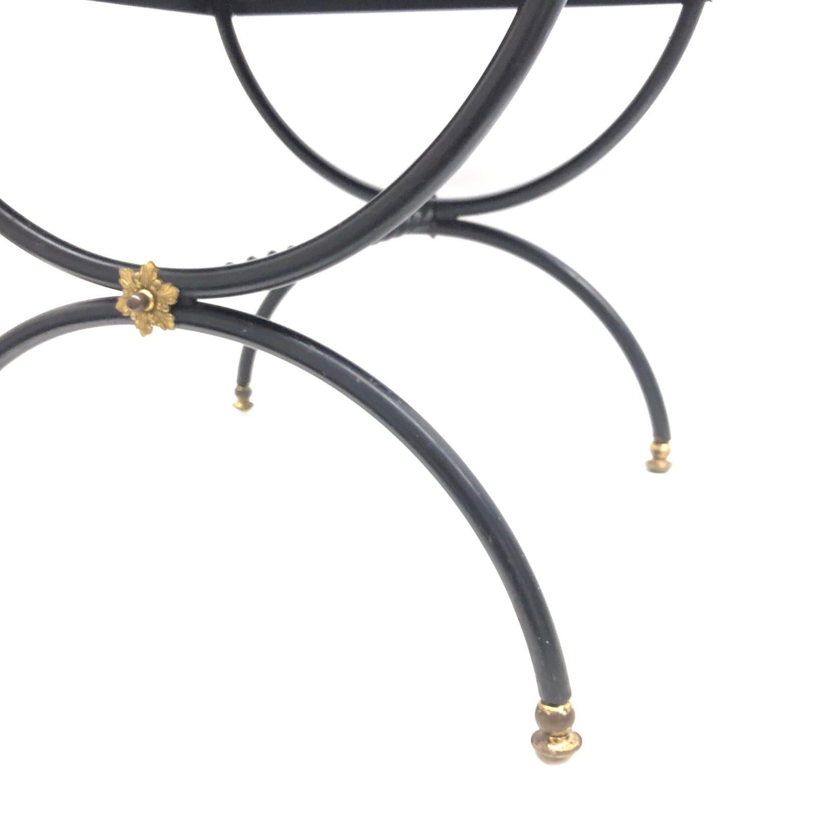 Mid-Century Modern Black and Gilt Iron and Red Velvet Cushion Footrest Ottoman Stool, Italy, 1950s