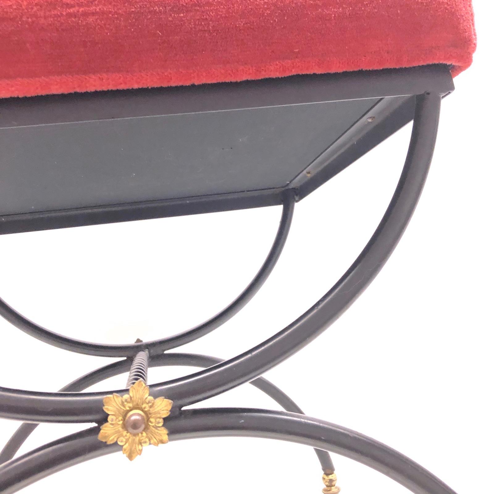 Metal Black and Gilt Iron and Red Velvet Cushion Footrest Ottoman Stool, Italy, 1950s