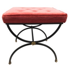 Vintage Black and Gilt Iron and Red Velvet Cushion Footrest Ottoman Stool, Italy, 1950s