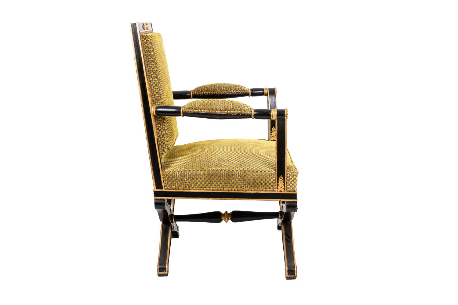 European Black and Gilt Lacquered Empire Style Armchair, circa 1900 For Sale