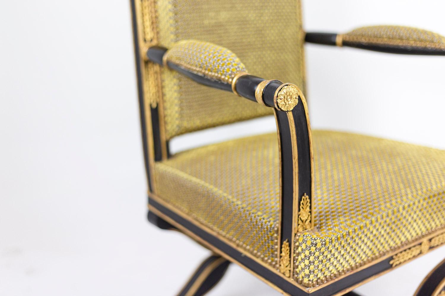 Early 20th Century Black and Gilt Lacquered Empire Style Armchair, circa 1900 For Sale