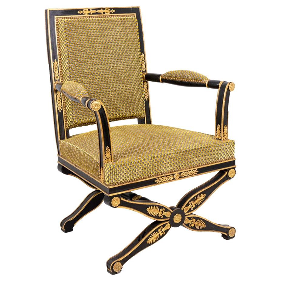 Black and Gilt Lacquered Empire Style Armchair, circa 1900
