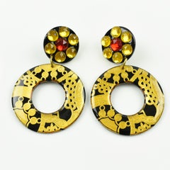 Black and Gold Acrylic Resin Jeweled Dangle Clip Earrings