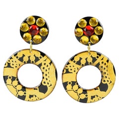 Black and Gold Acrylic Resin Jeweled Dangle Clip Earrings
