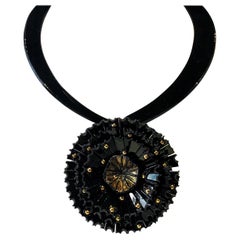 Black and Gold Architectural Abstract Flower Statement Necklace 