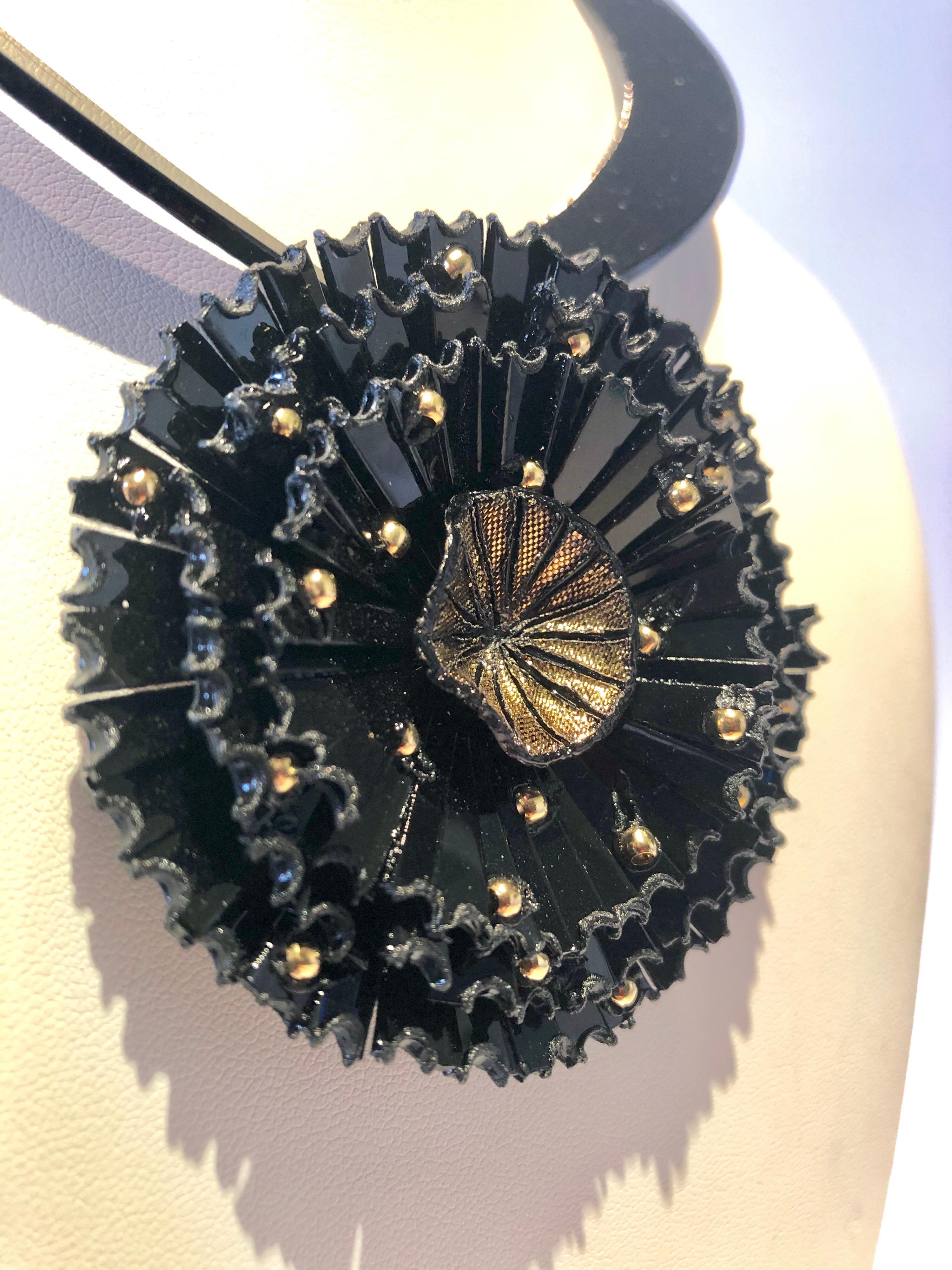 Black and Gold Architectural Abstract Flower Statement Necklace  2