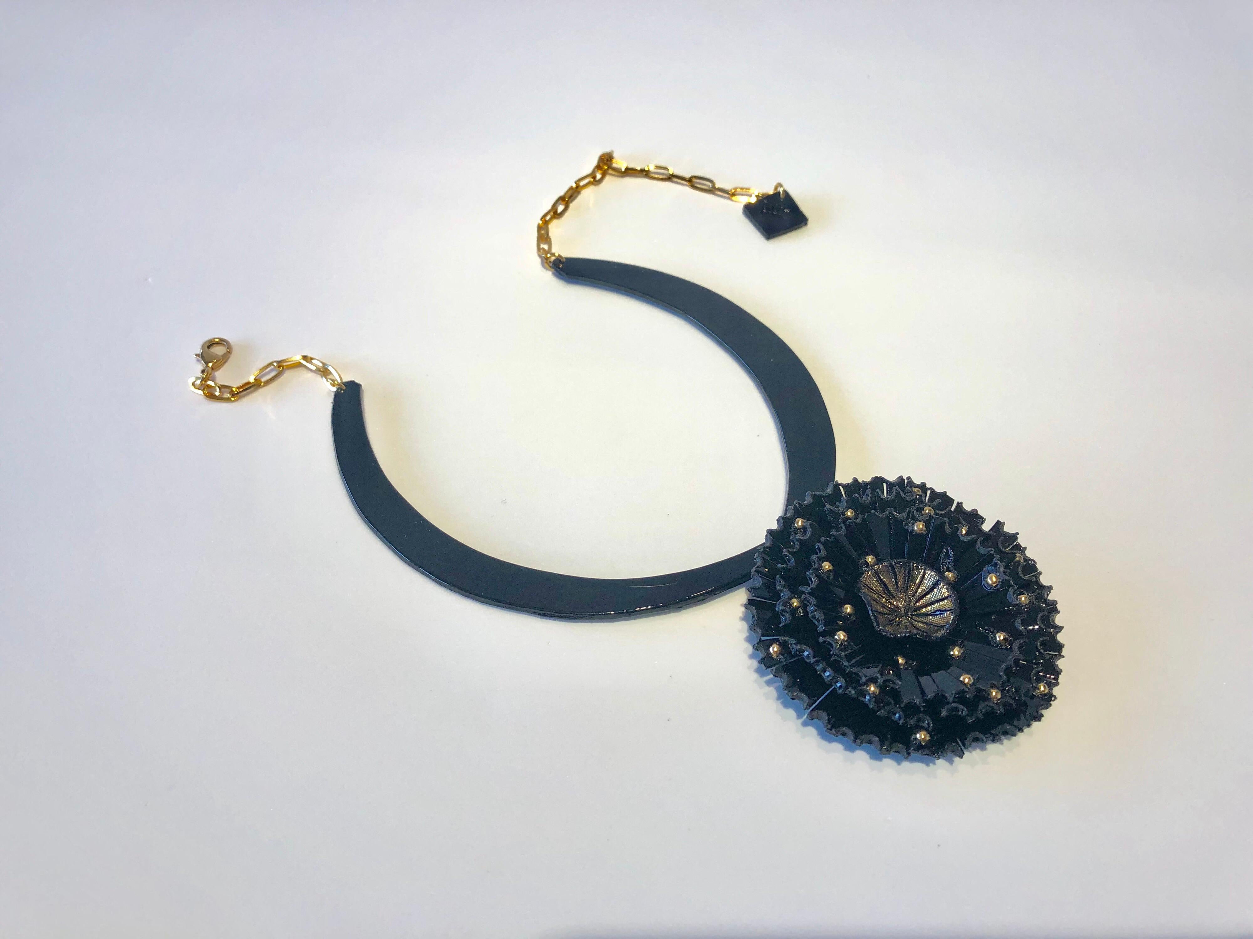 Contemporary Black and Gold Architectural Abstract Flower Statement Necklace 