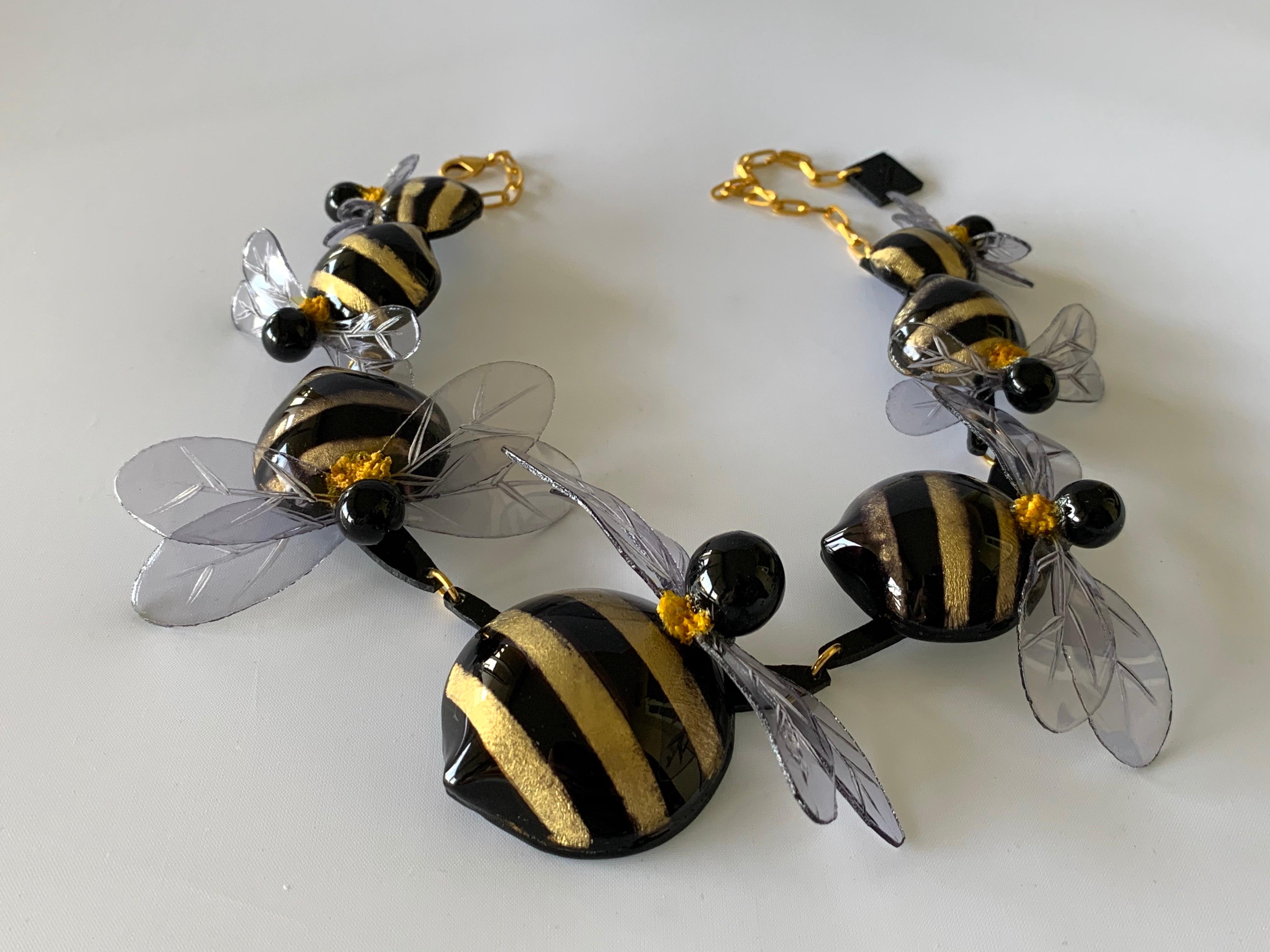 Contemporary Black and Gold Artisan Bumblebee Statement Necklace 