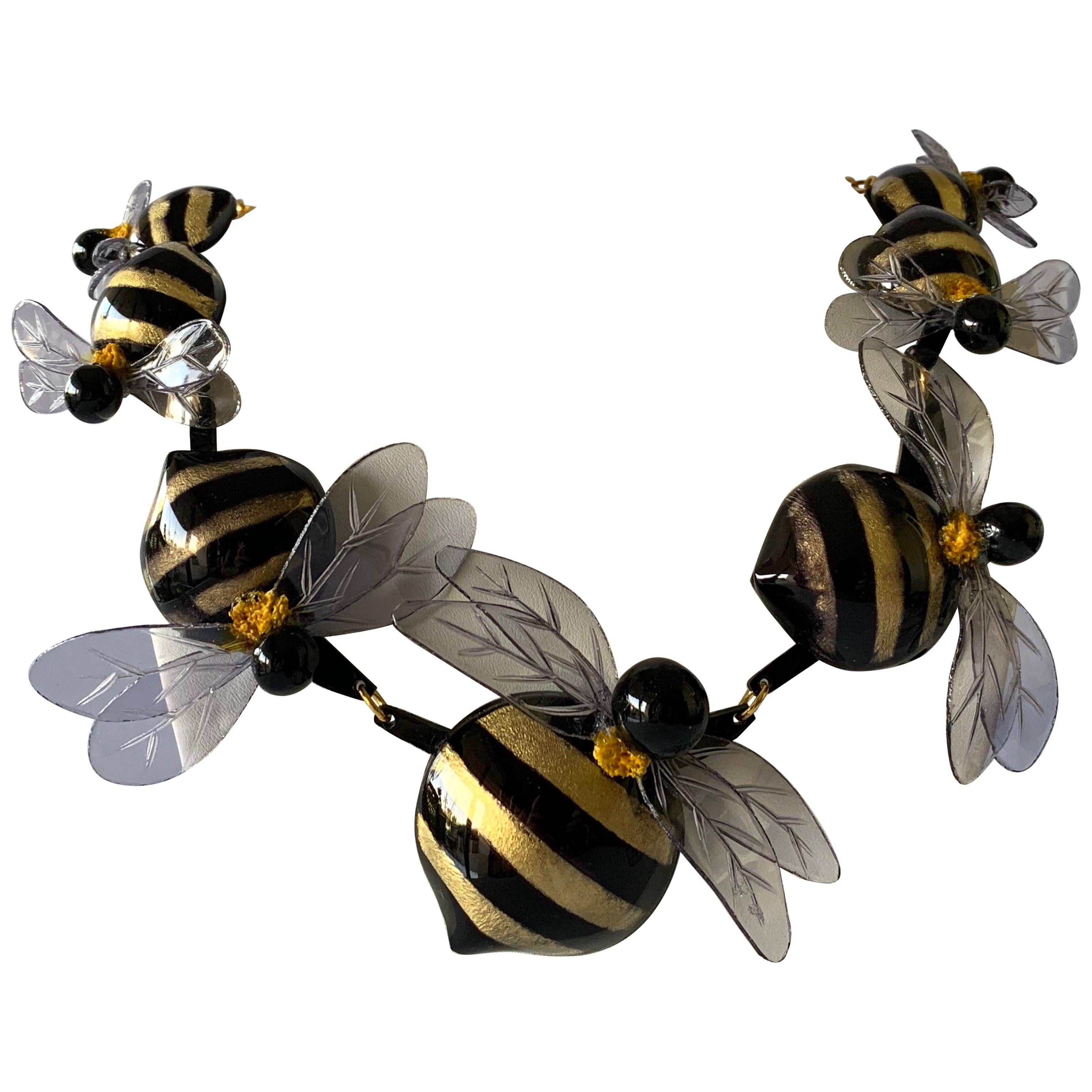 Black and Gold Artisan Bumblebee Statement Necklace 