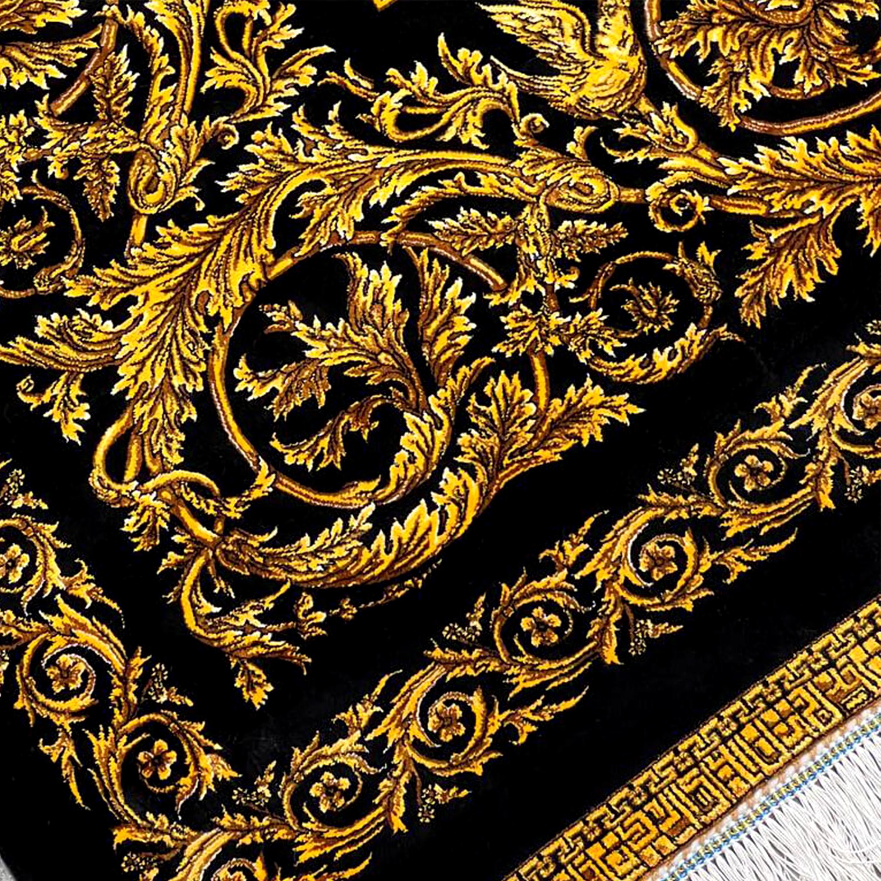 Seta Tappeto di seta barocco nero e oro in stile persiano, 150x225 cm in vendita