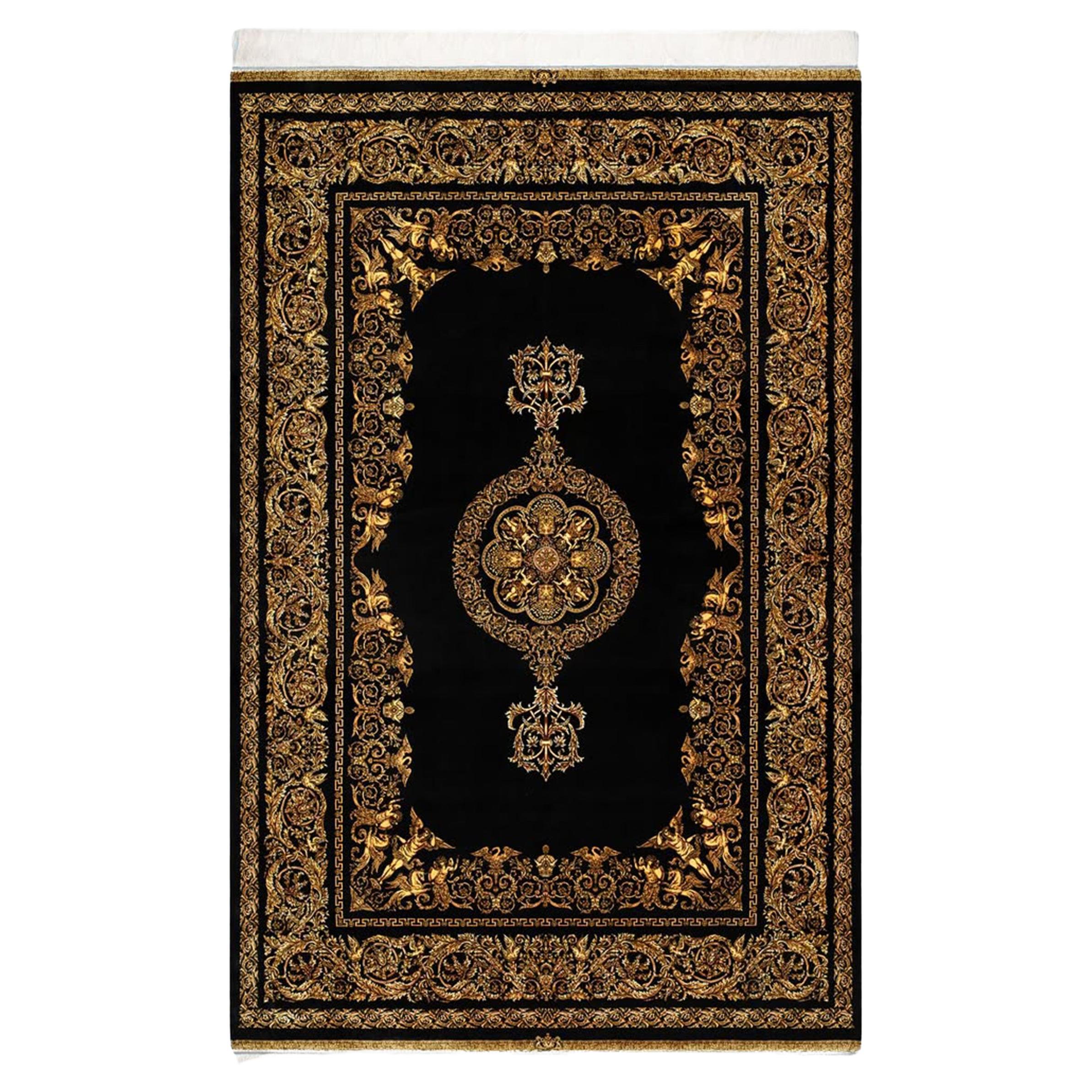 Black and Gold Baroque Persian Style Silk Carpet, 150x225cm