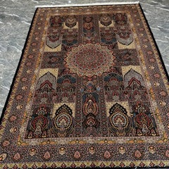 Black and Gold Boteh Style Persian Pure Silk Carpet, Iranian Craftsmanship, 0045