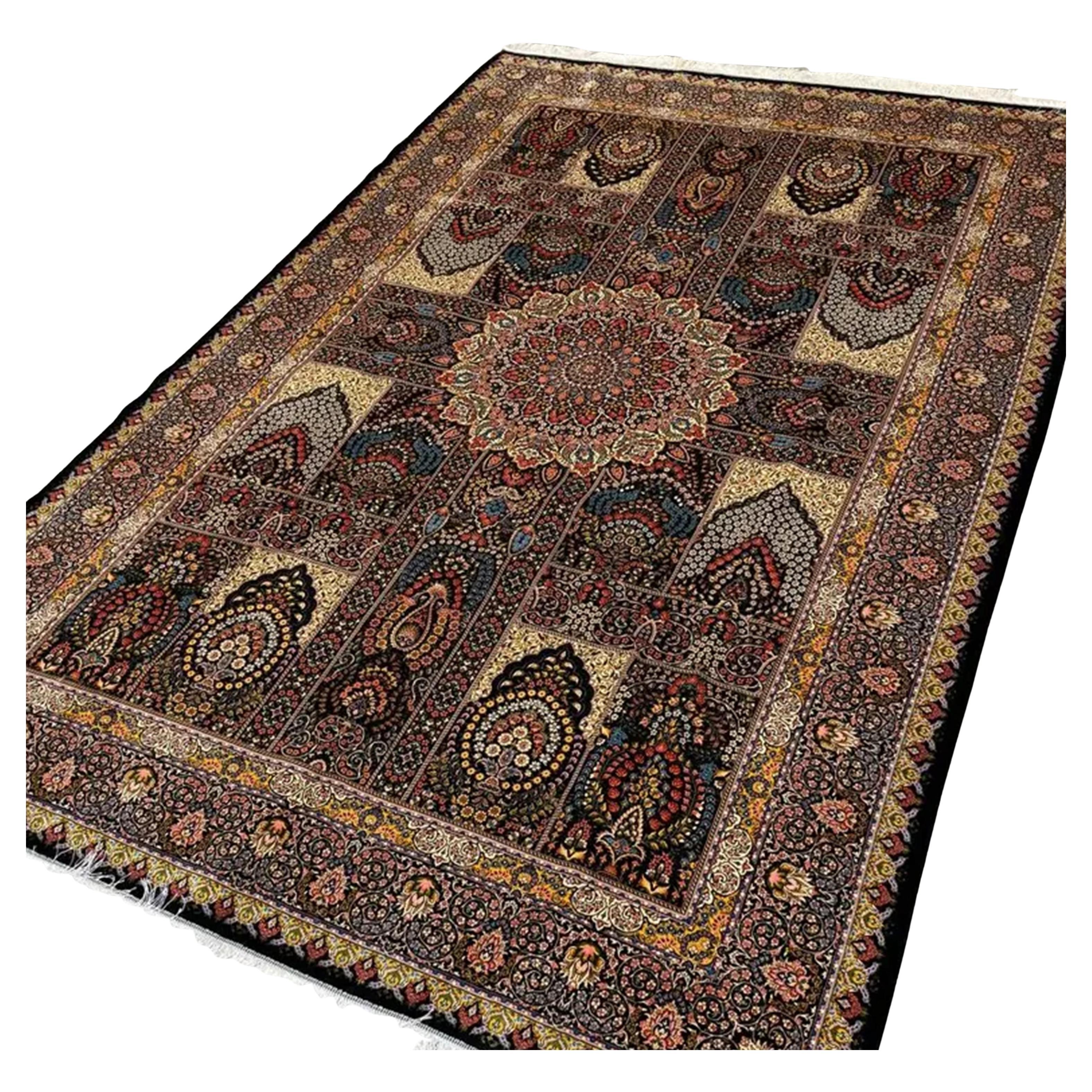 Schwarzer und goldener Boteh-Stil Persischer Teppich aus reiner Seide, iranisches Kunsthandwerk, 0045