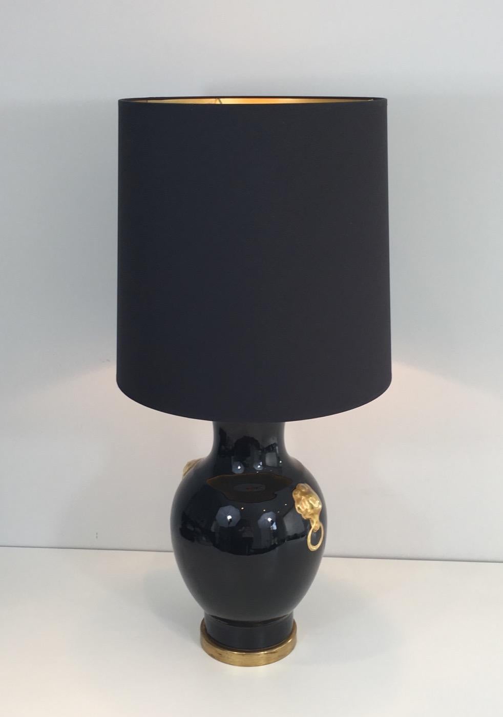 Lampe de bureau en céramique noire et dorée, française, vers 1970 7