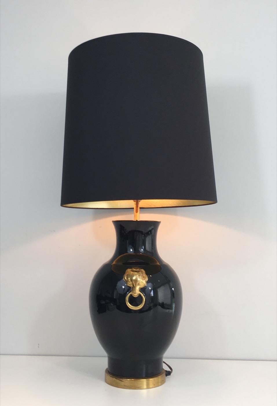 Lampe de bureau en céramique noire et dorée, française, vers 1970 9