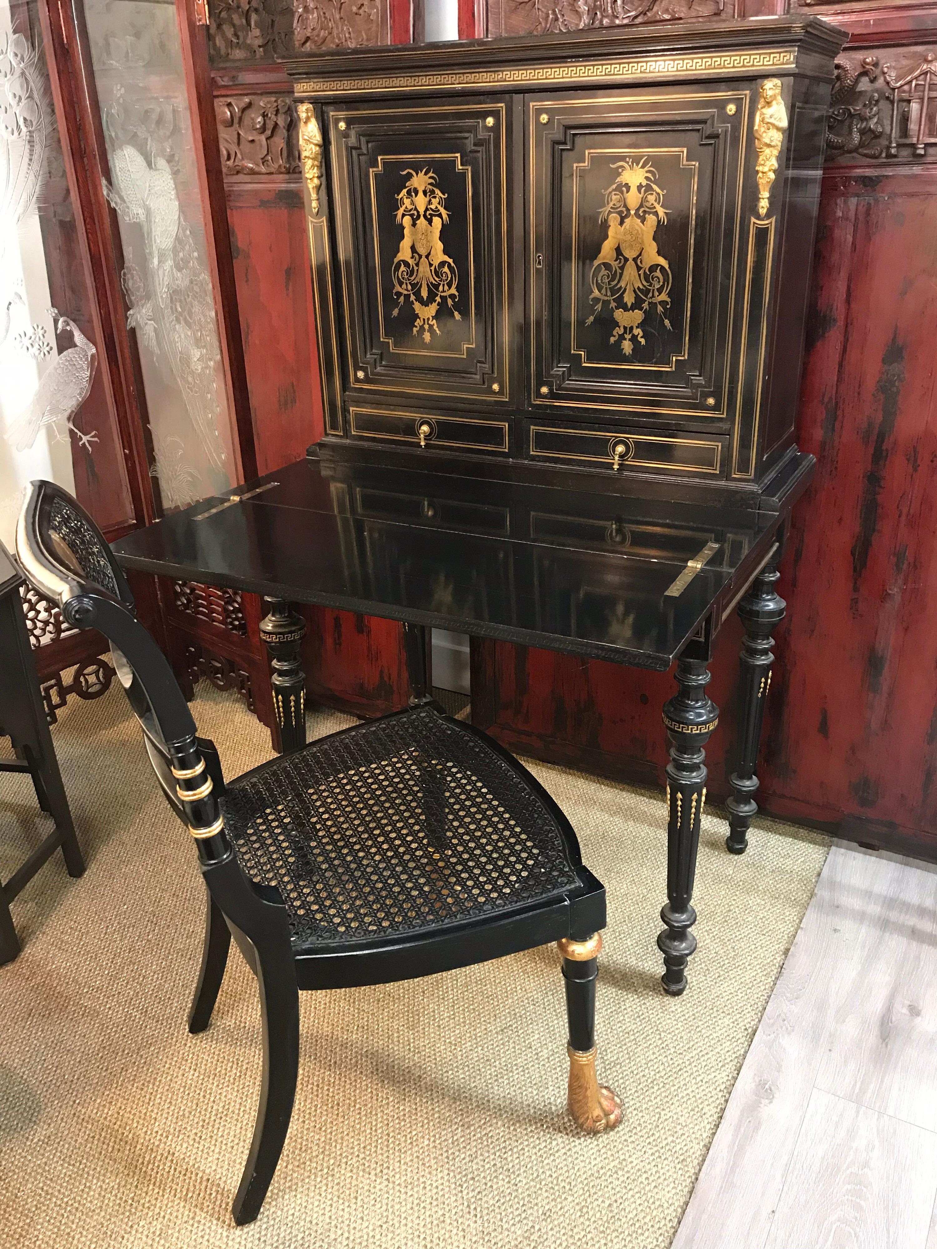 Elegant chinoiserie secretary desk with chair. Great scale to the desk, not too big and will fit
in an apartment setting also.