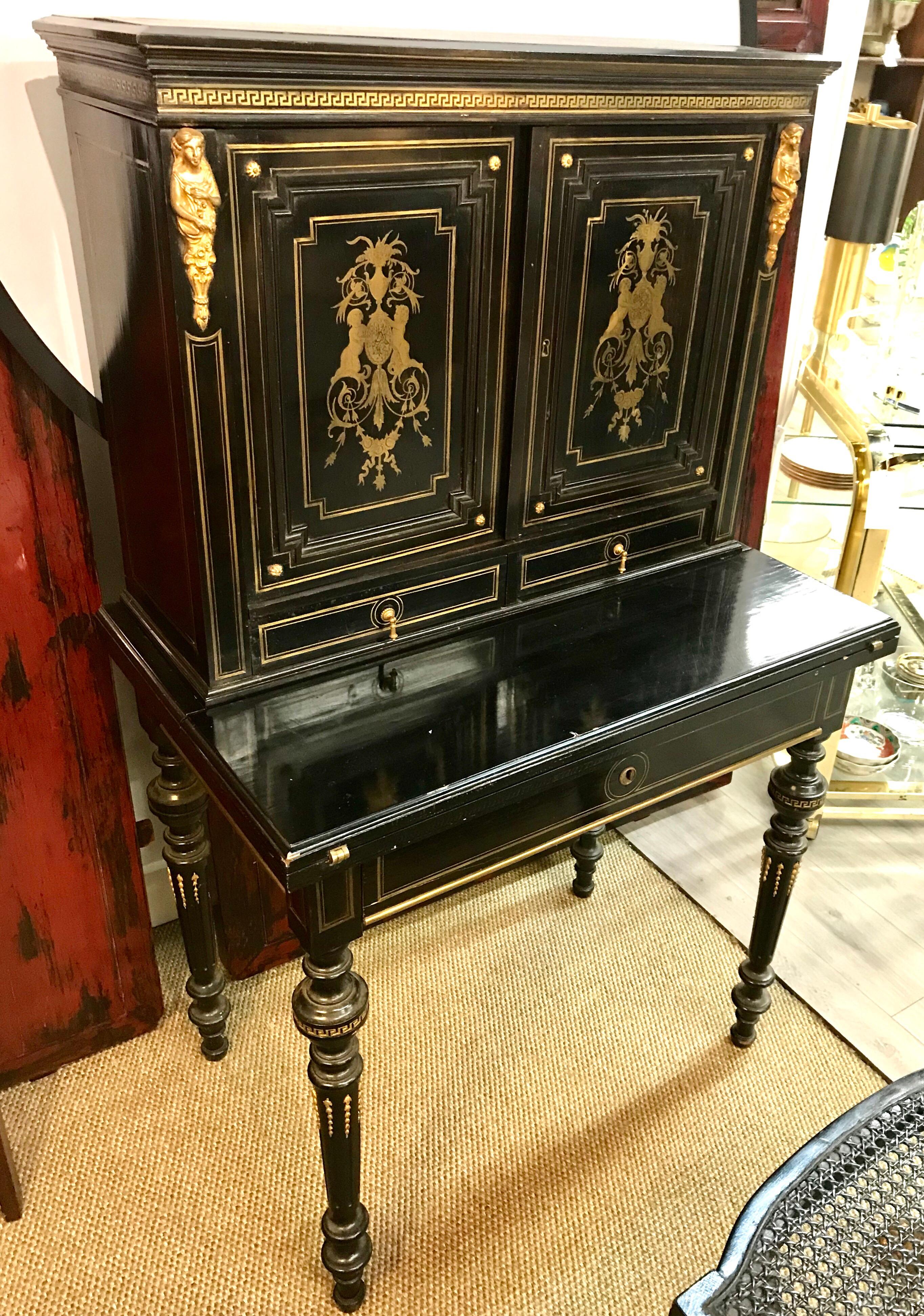 American Black and Gold Chinoiserie Directoire Secretary Desk and Chair