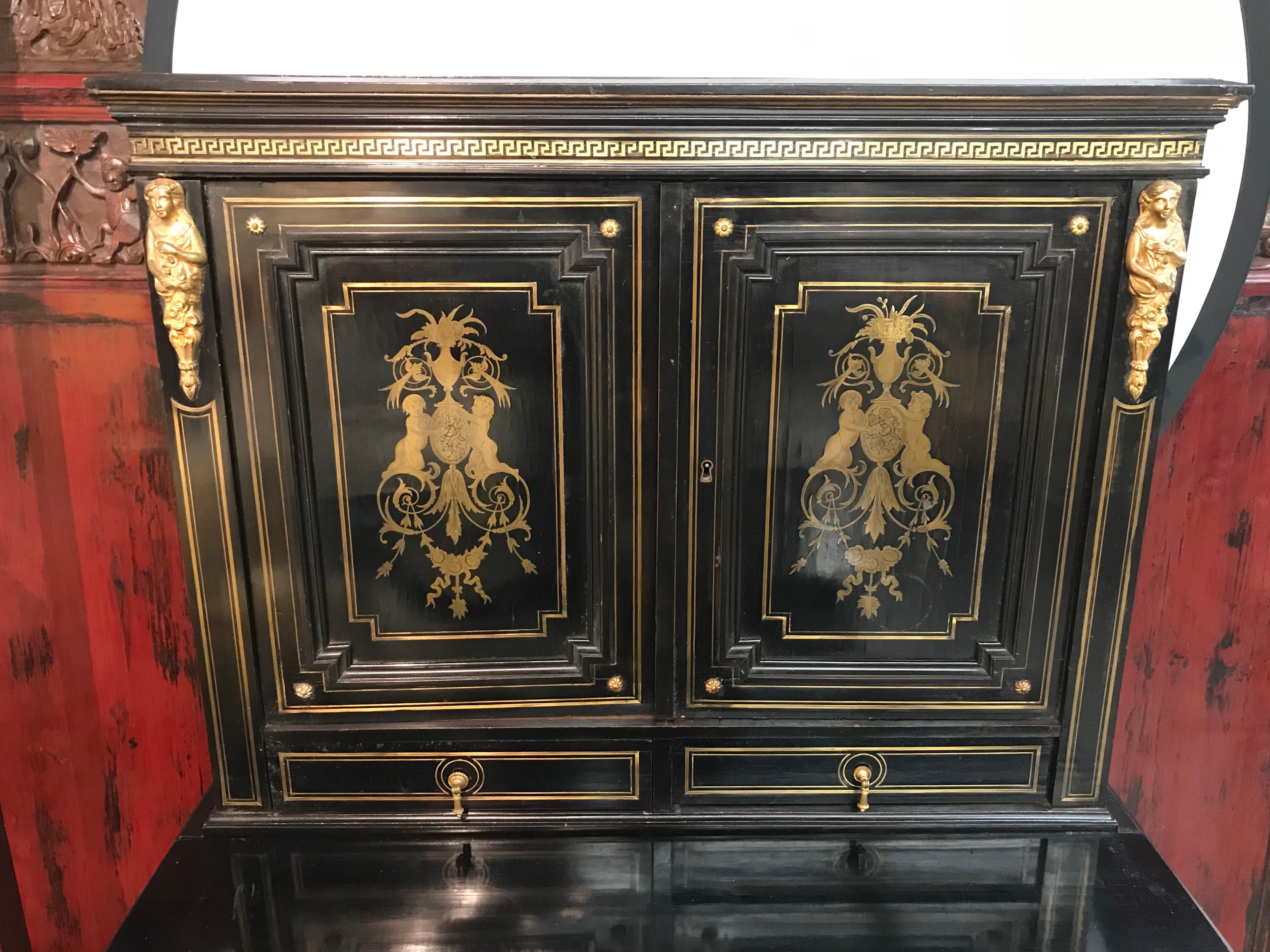Wood Black and Gold Chinoiserie Directoire Secretary Desk and Chair