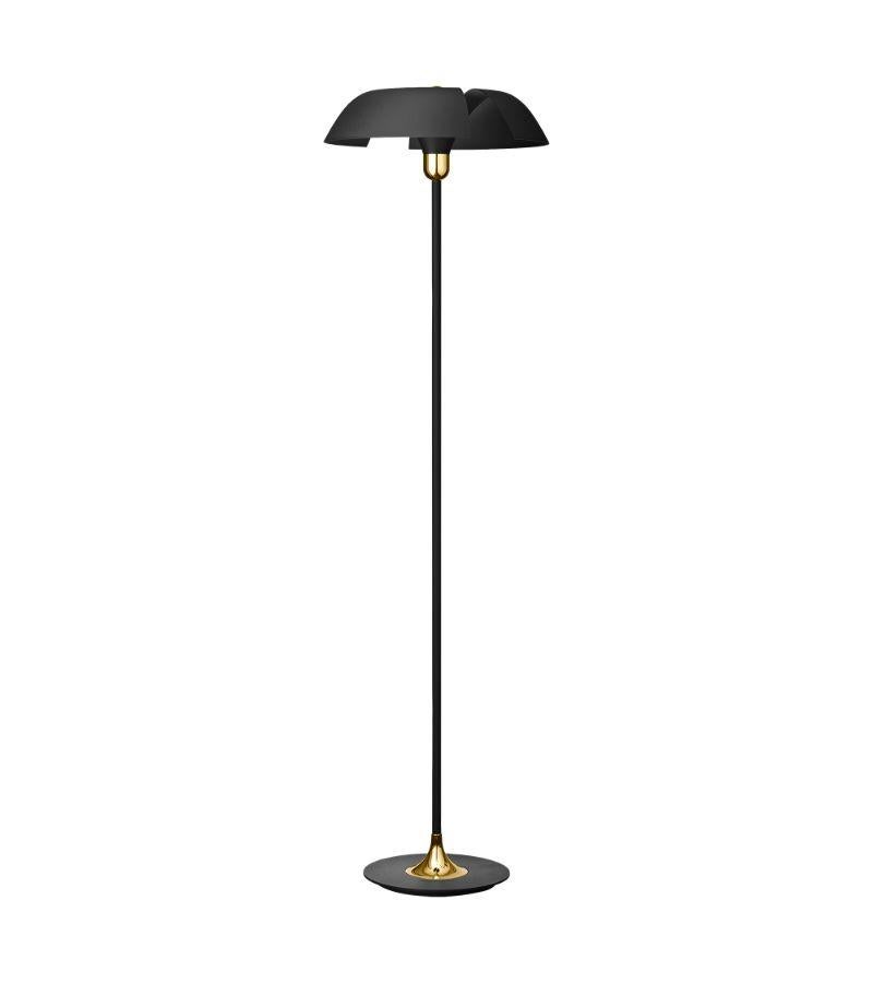 Black and gold contemporary floor lamp 
Dimensions: Diameter 45 x Height 160 cm 
Materials: Aluminum with Powder-Coated. Brass plated details, Porcelain socket, Plastic switch, and Black textile cord. 
Details: For all lamps, the light source is E27