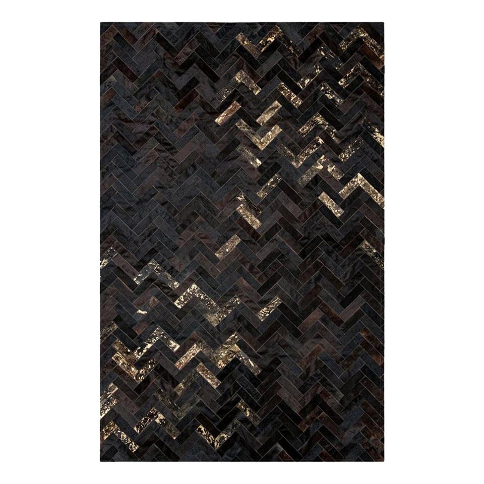 Anpassbarer Art Deco Estrella Rindsleder-Bodenteppich in Schwarz und Gold XX-groß