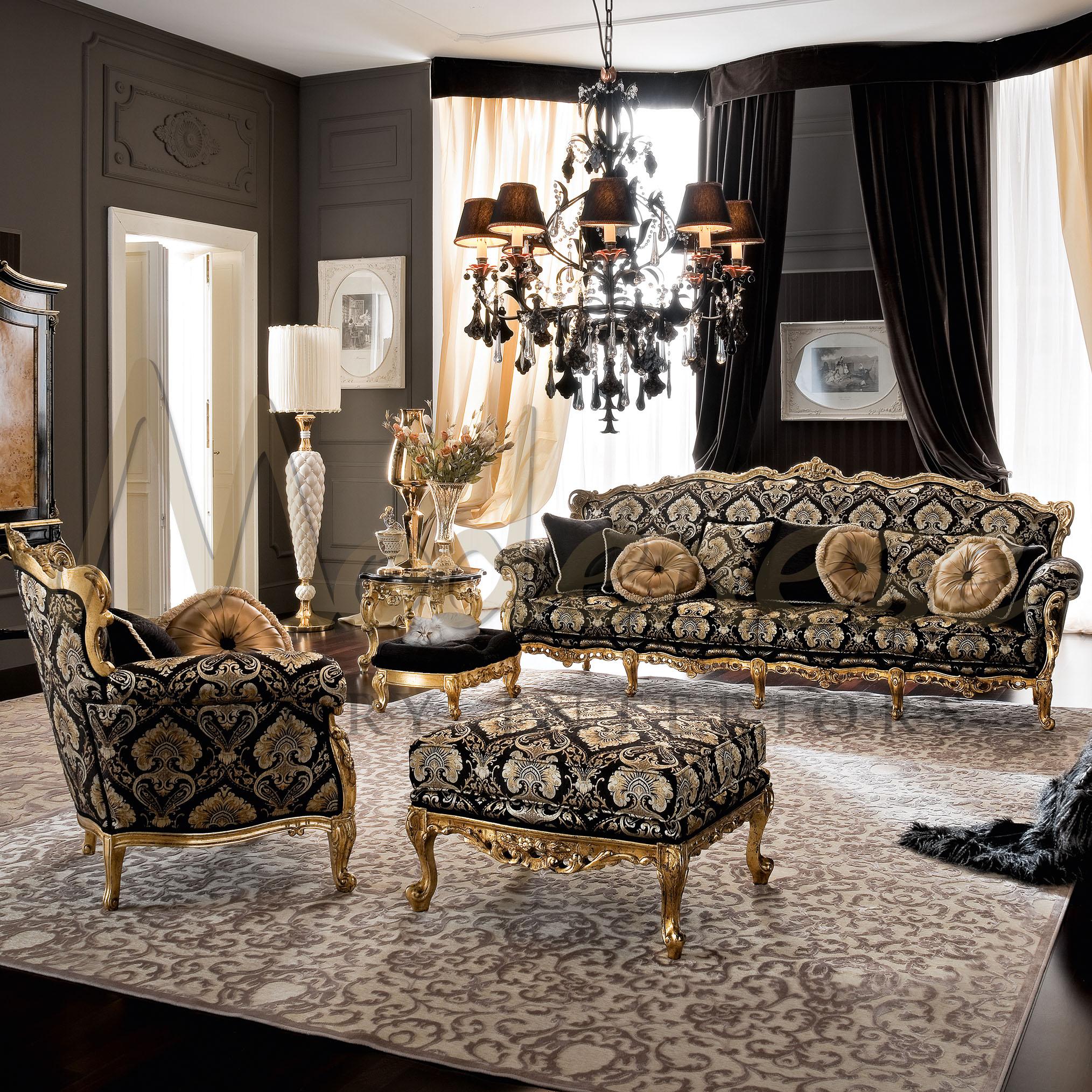 Fauteuil spécialement conçu dans un style néo-baroque. Ce meuble d'appoint fait tourner les têtes dans n'importe quel espace de vie. Un tissu d'ameublement noir et or qui attire le regard et fait partie de la collection unique de Modenese. Le motif
