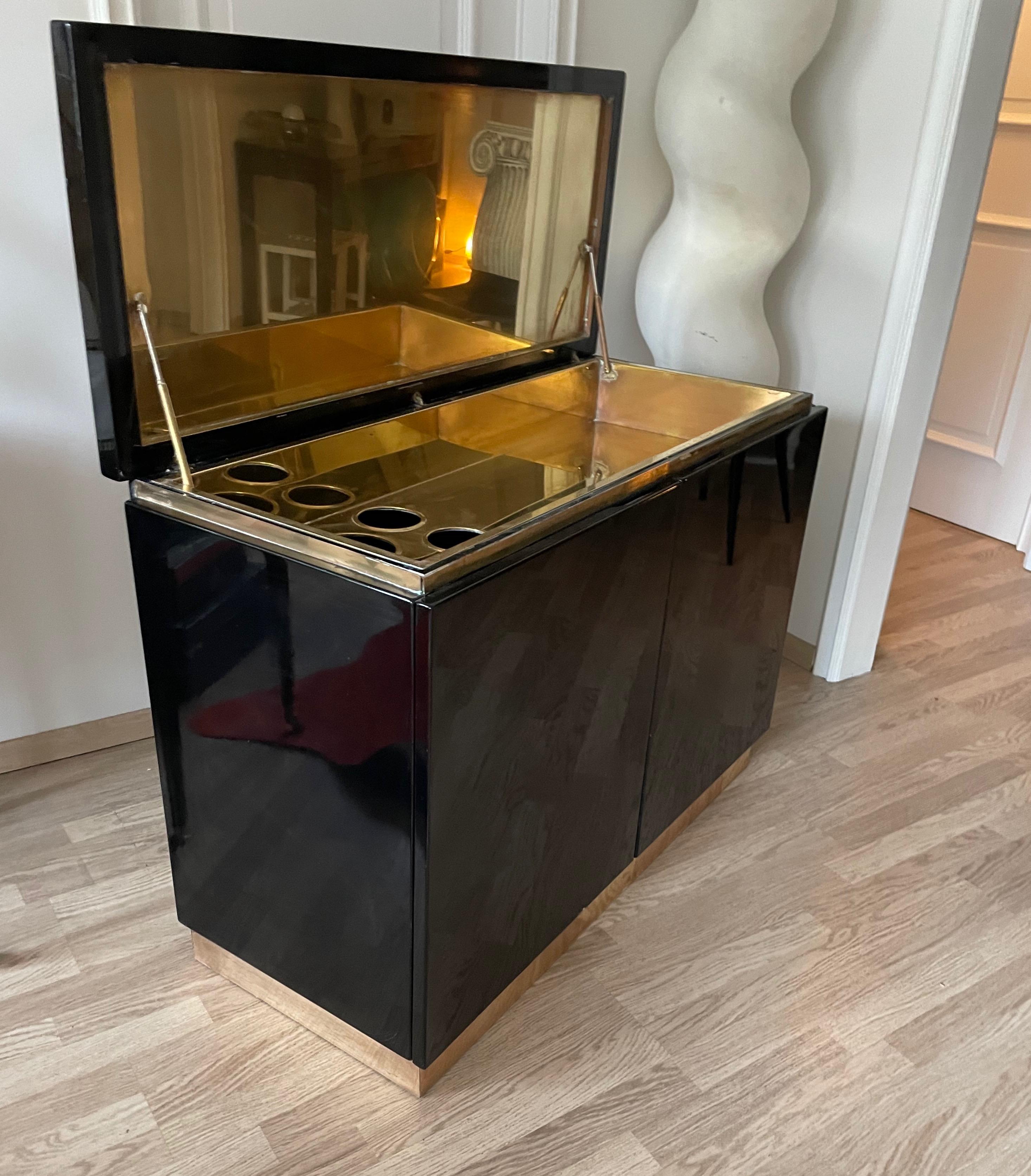 Mid-Century Modern Black and Gold Dry Bar by Jean- Claude Mahey, France 1975. For Sale