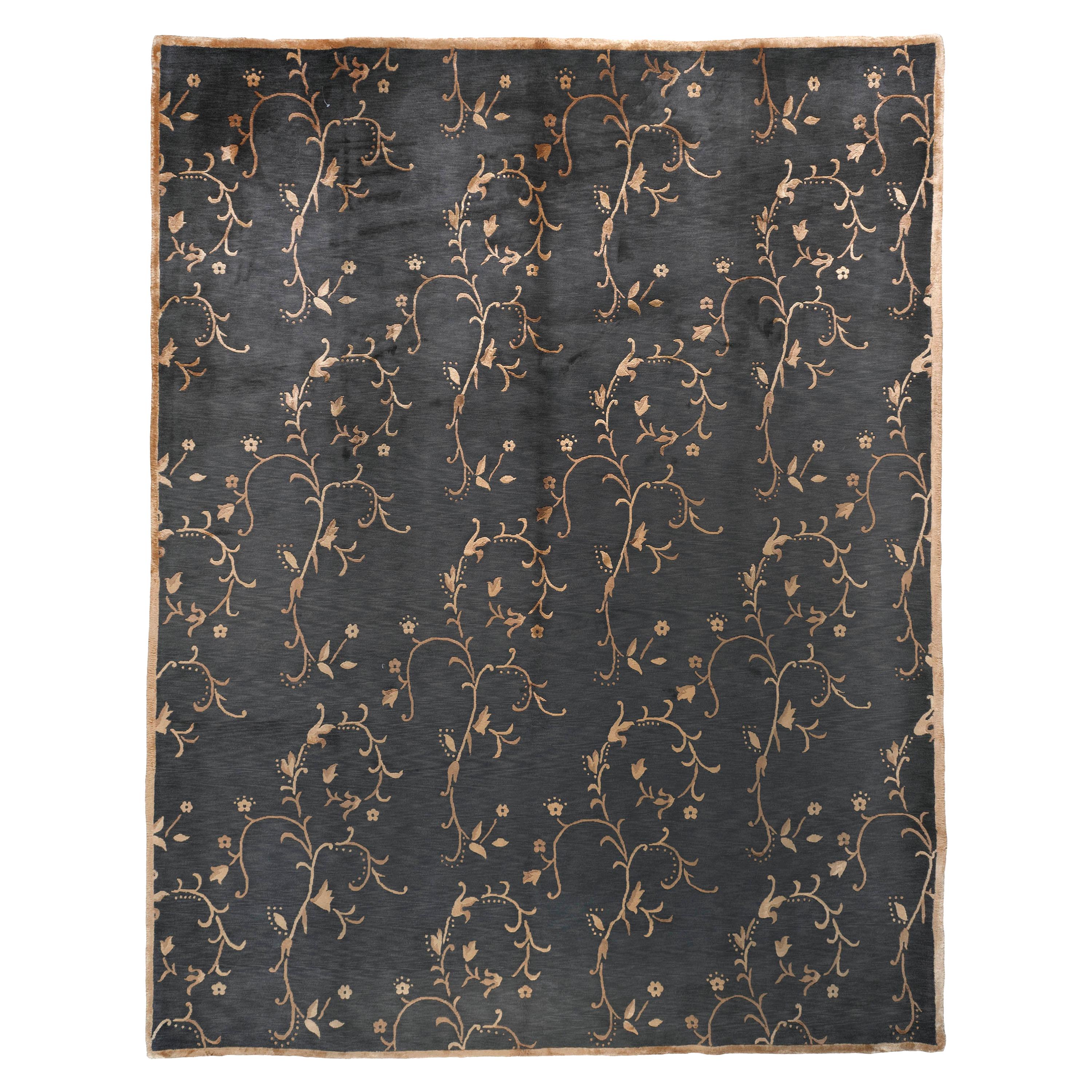 Black and Gold Floral Wool and Silk Area Rug