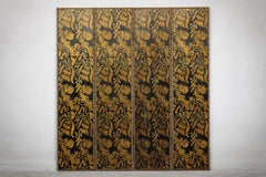 Black and Gold Four-Panel Screen Divider with Repeating Floral Motif