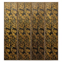 Black and Gold Four-Panel Screen Divider with Repeating Floral Motif