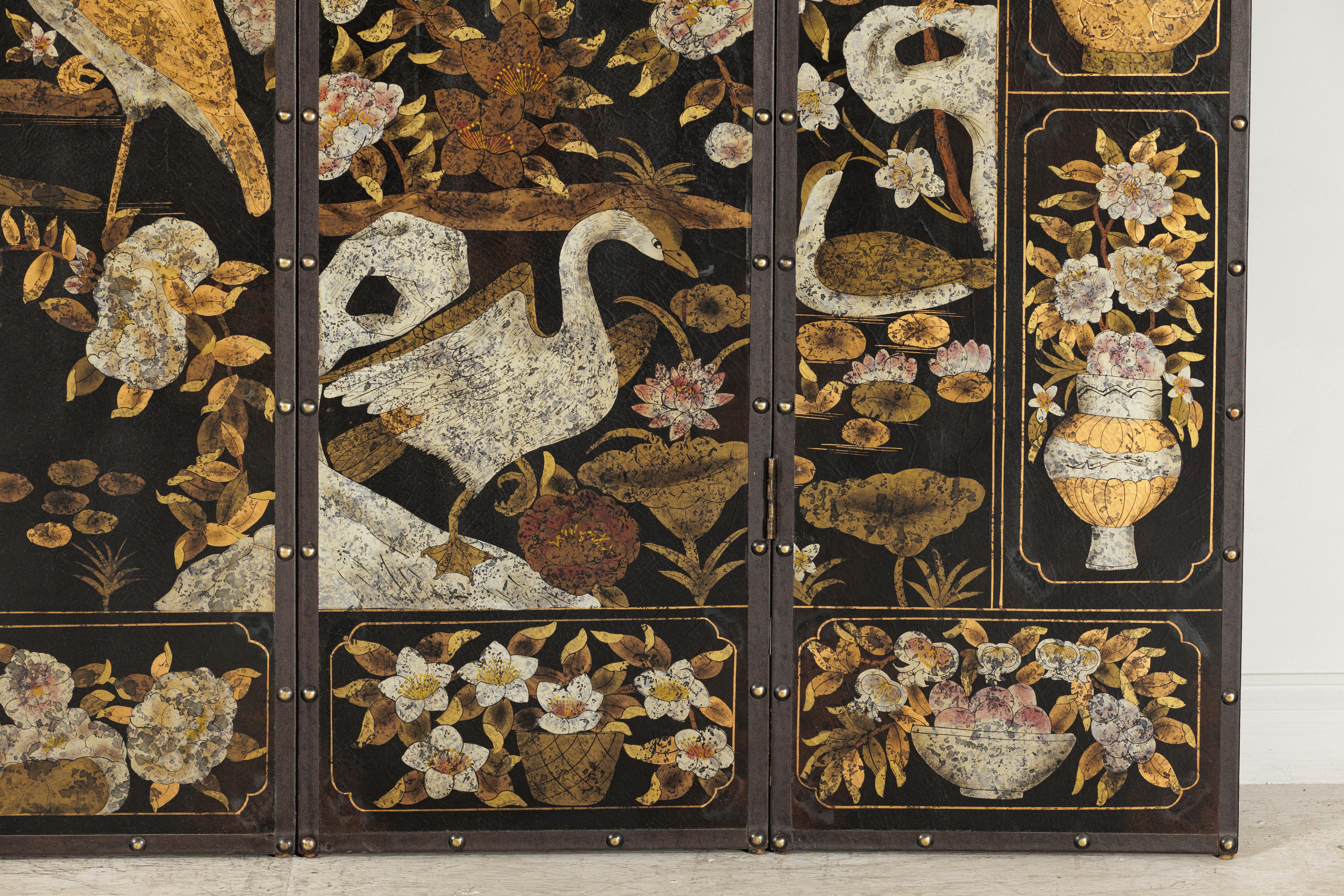 Black and Gold Four-Panel Screen with Cranes, Blossoms, and Nailhead Detail For Sale 3