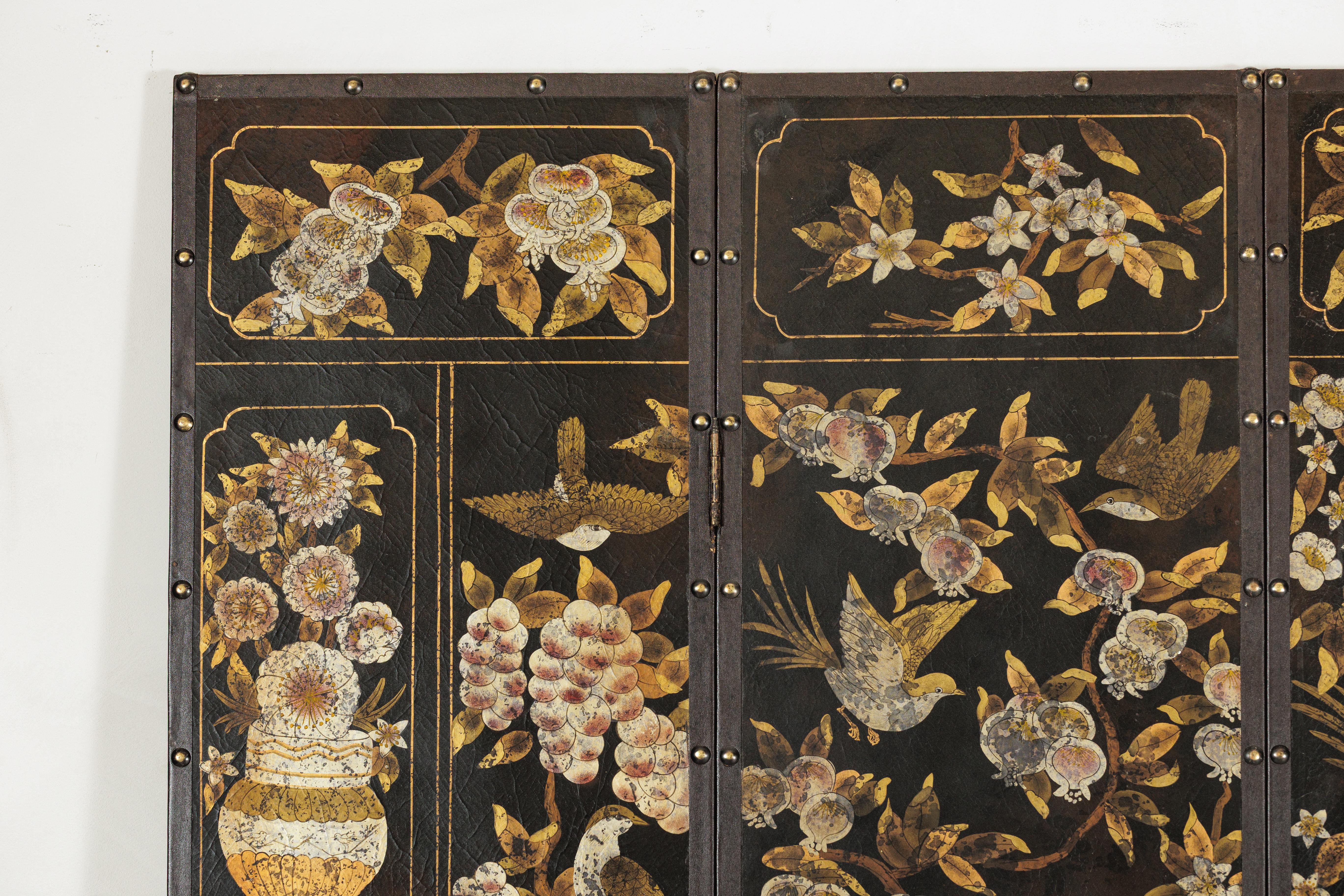 Black and Gold Four-Panel Screen with Cranes, Blossoms, and Nailhead Detail For Sale 4