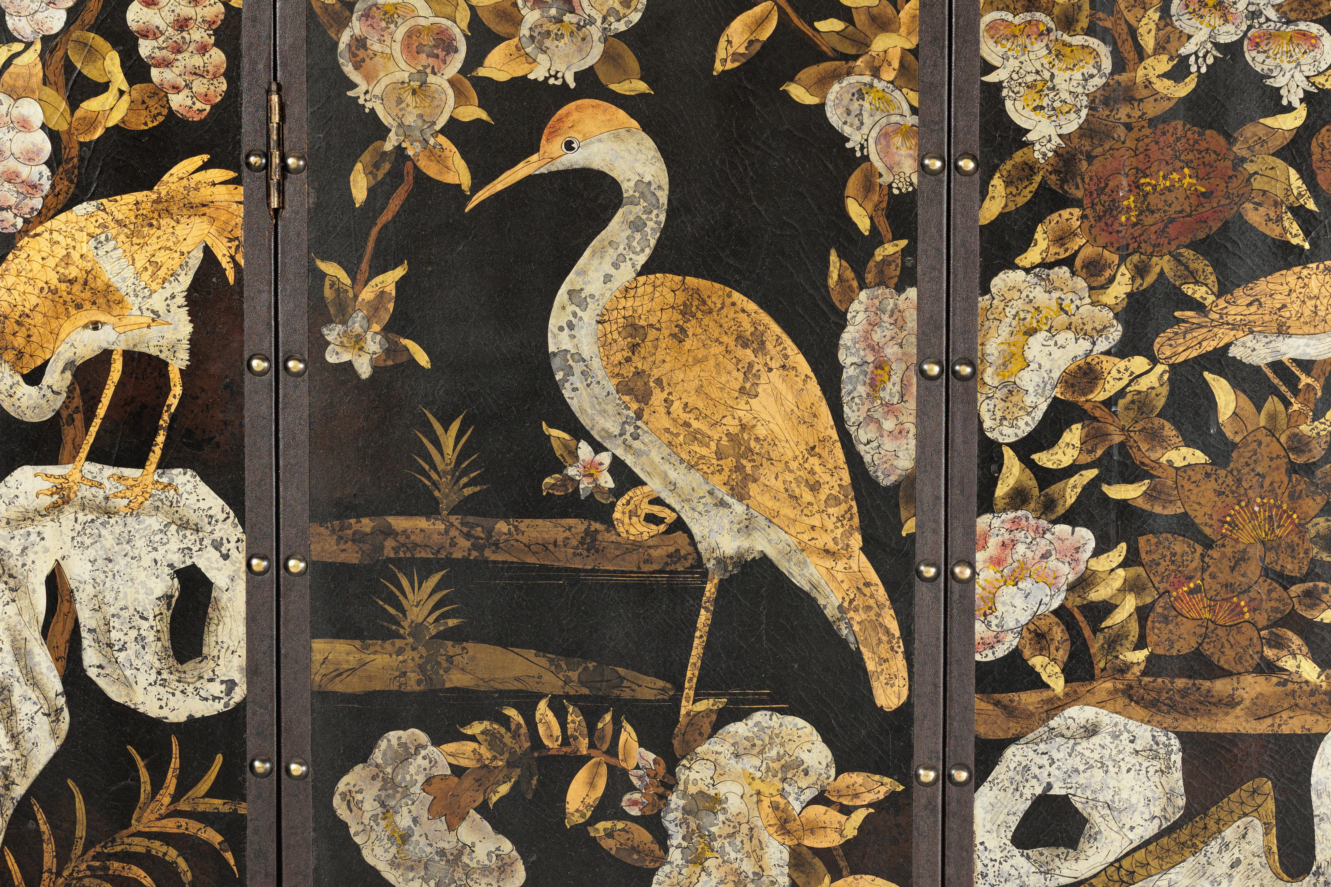 Black and Gold Four-Panel Screen with Cranes, Blossoms, and Nailhead Detail For Sale 5