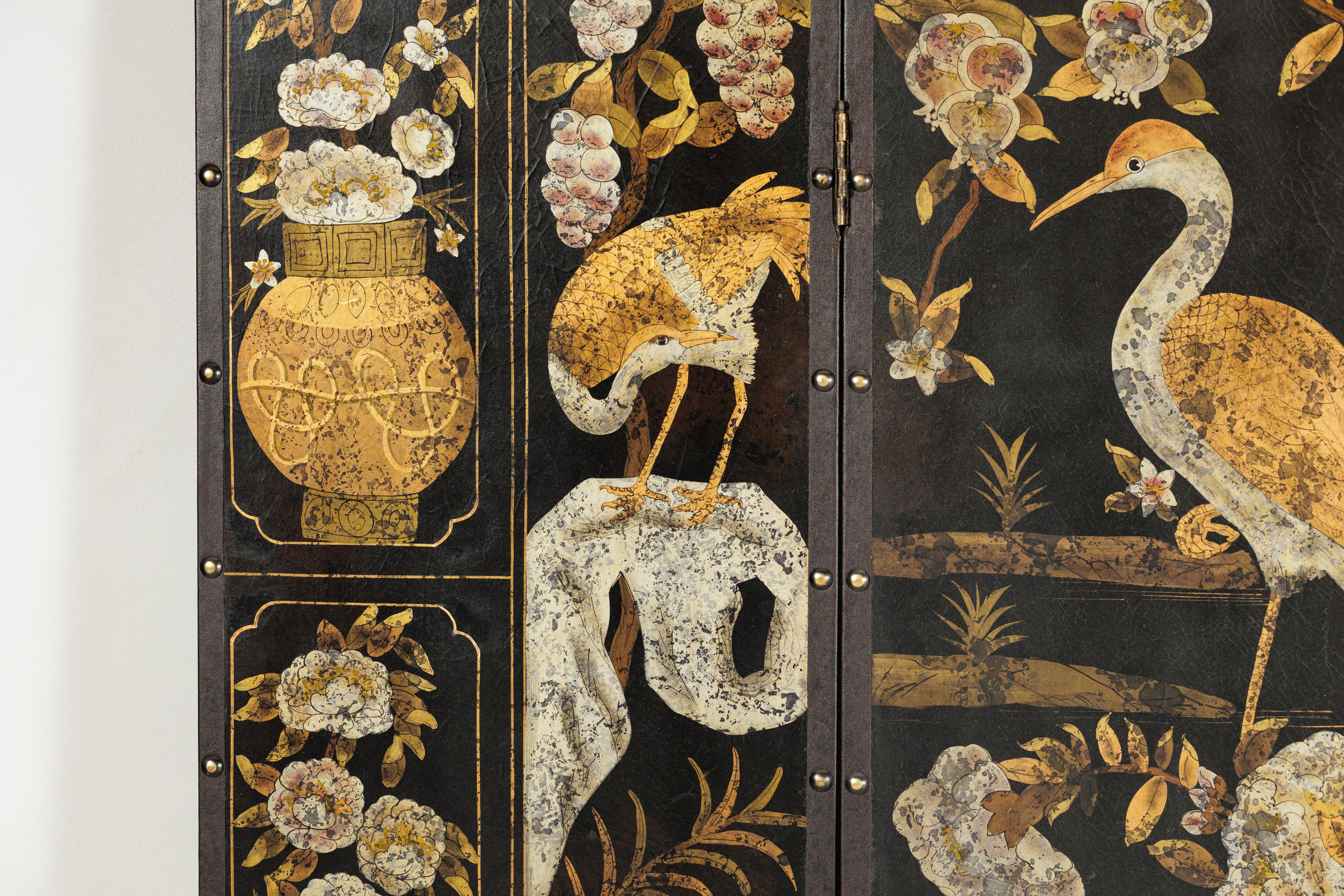 Black and Gold Four-Panel Screen with Cranes, Blossoms, and Nailhead Detail For Sale 6