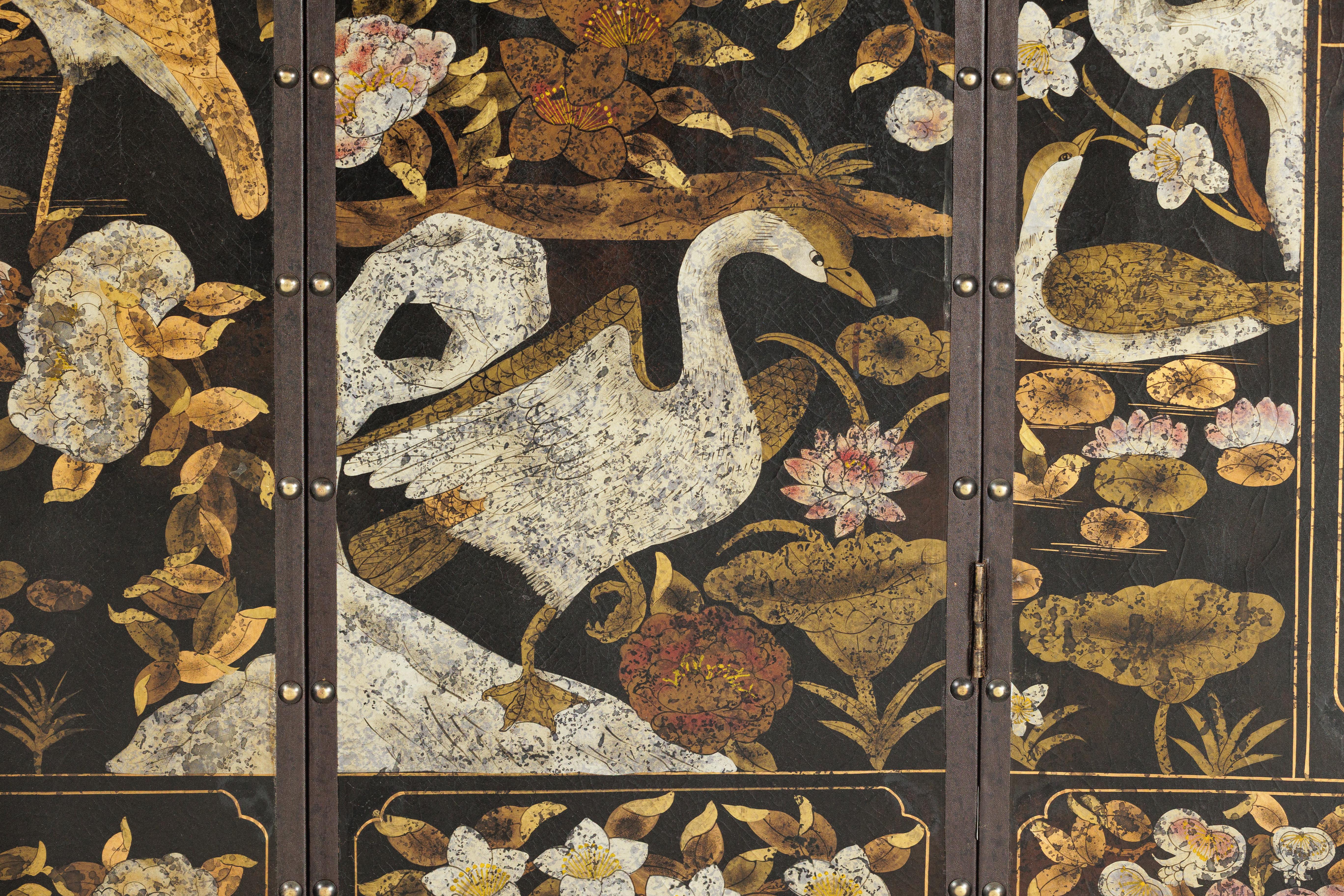 Black and Gold Four-Panel Screen with Cranes, Blossoms, and Nailhead Detail For Sale 8