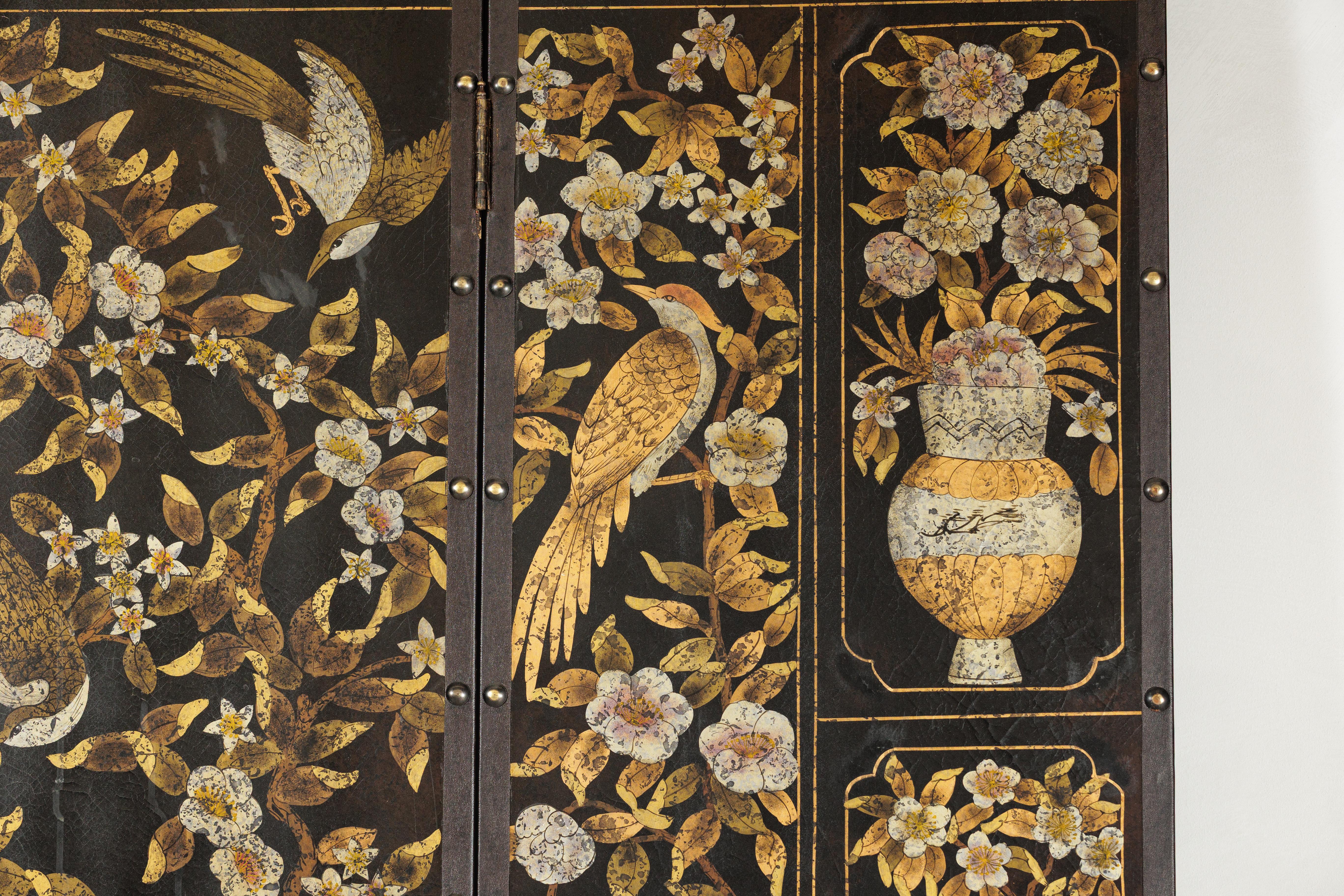 Black and Gold Four-Panel Screen with Cranes, Blossoms, and Nailhead Detail For Sale 9