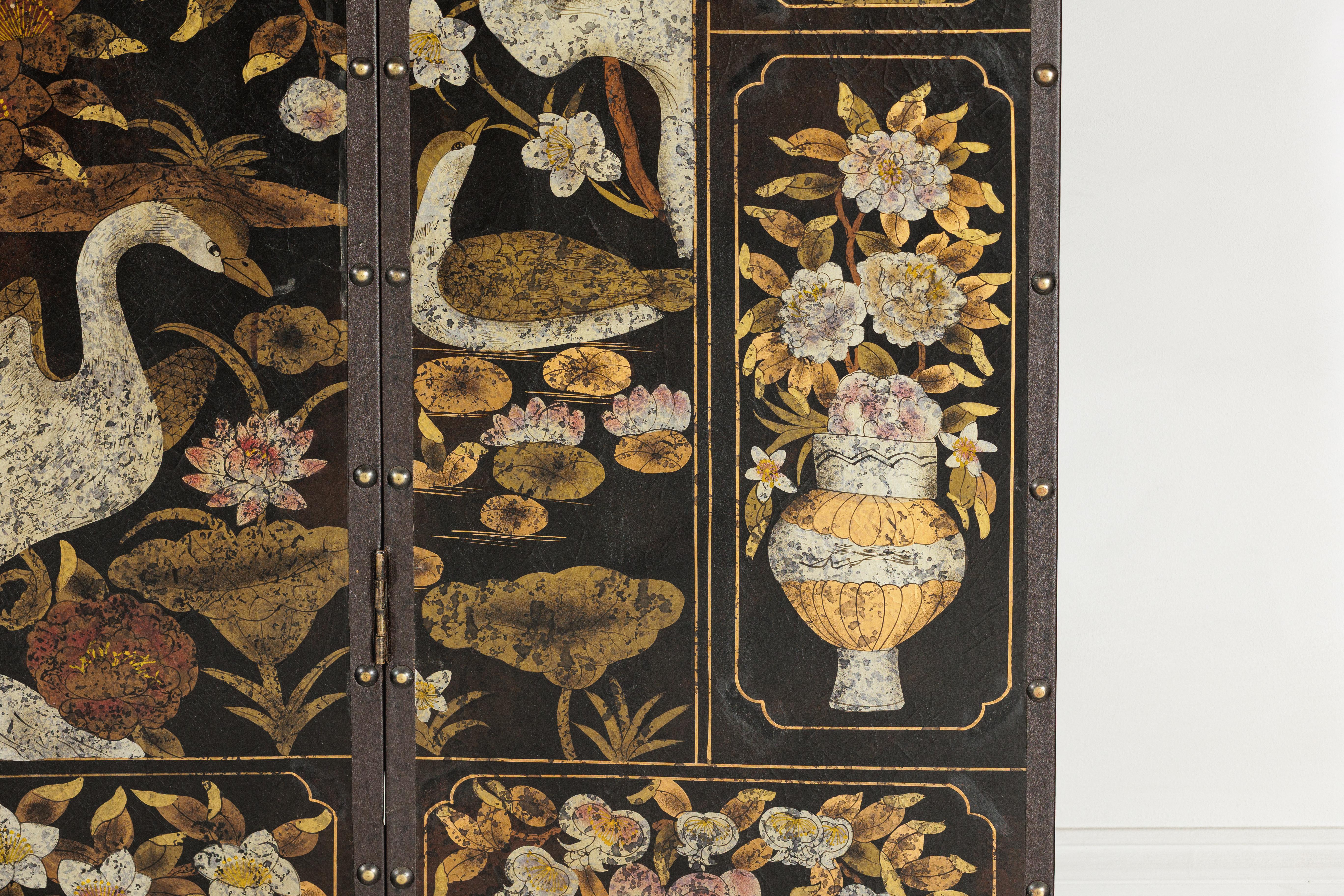 Black and Gold Four-Panel Screen with Cranes, Blossoms, and Nailhead Detail For Sale 10