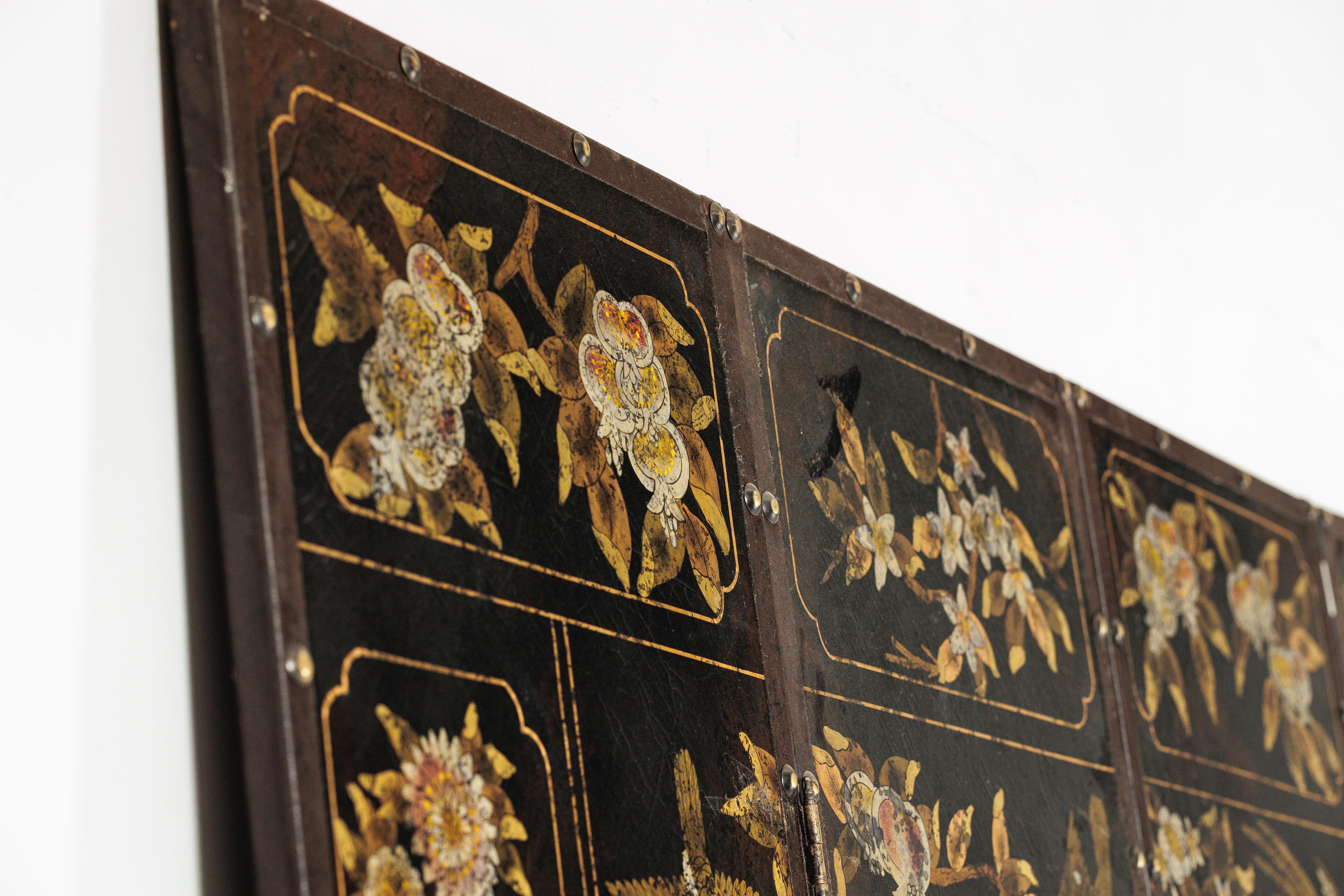 Black and Gold Four-Panel Screen with Cranes, Blossoms, and Nailhead Detail For Sale 11