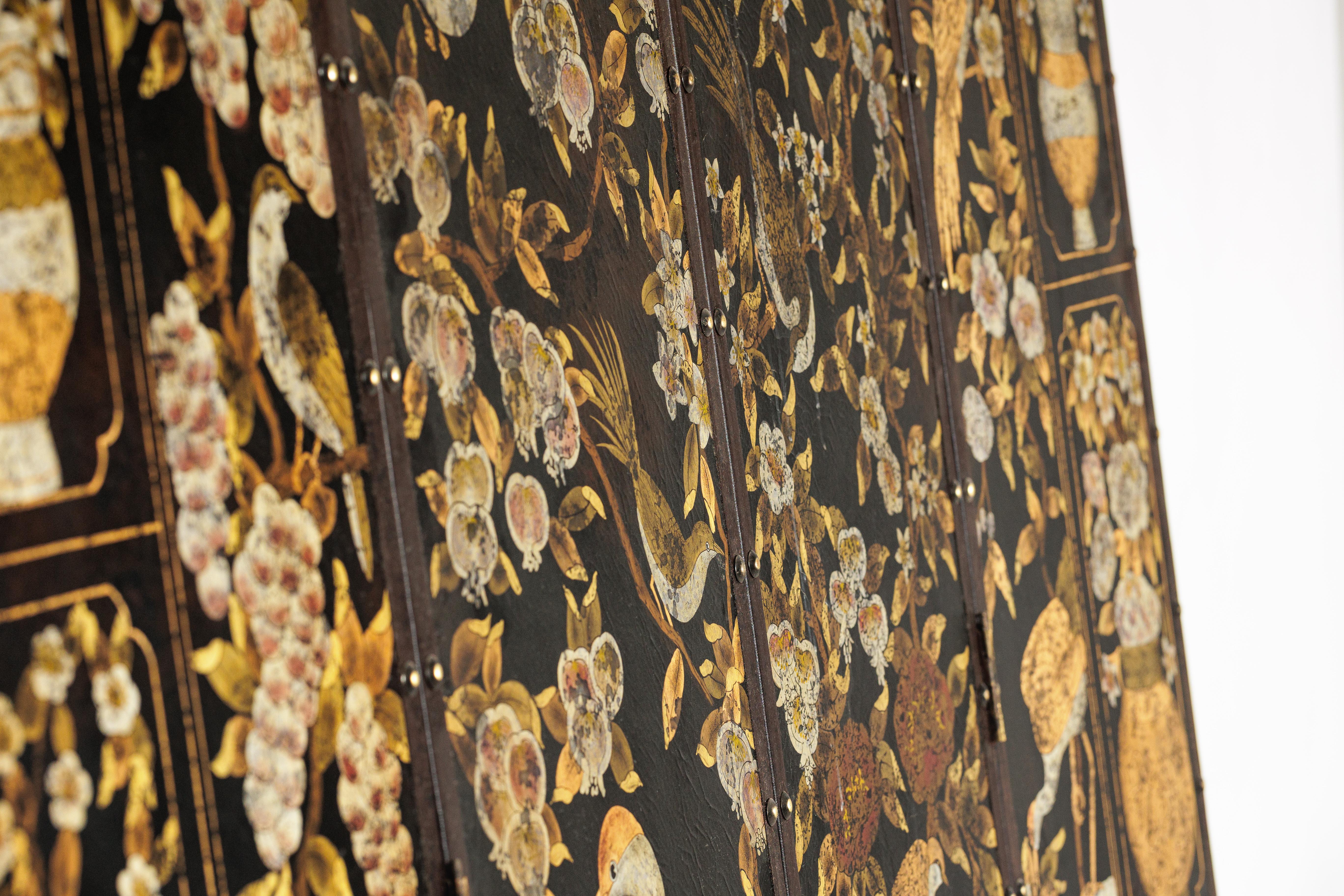 Black and Gold Four-Panel Screen with Cranes, Blossoms, and Nailhead Detail For Sale 12