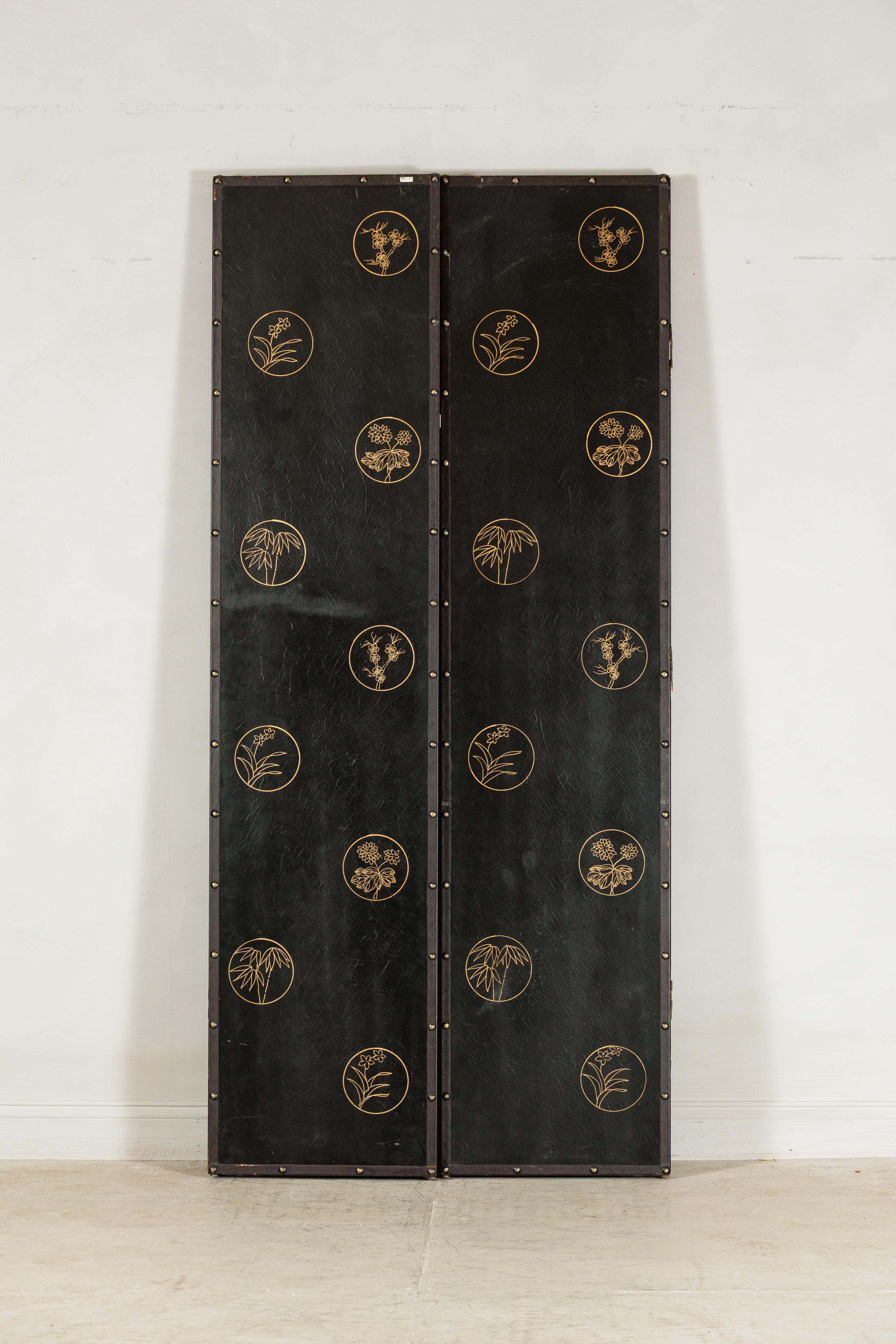 Black and Gold Four-Panel Screen with Cranes, Blossoms, and Nailhead Detail For Sale 13