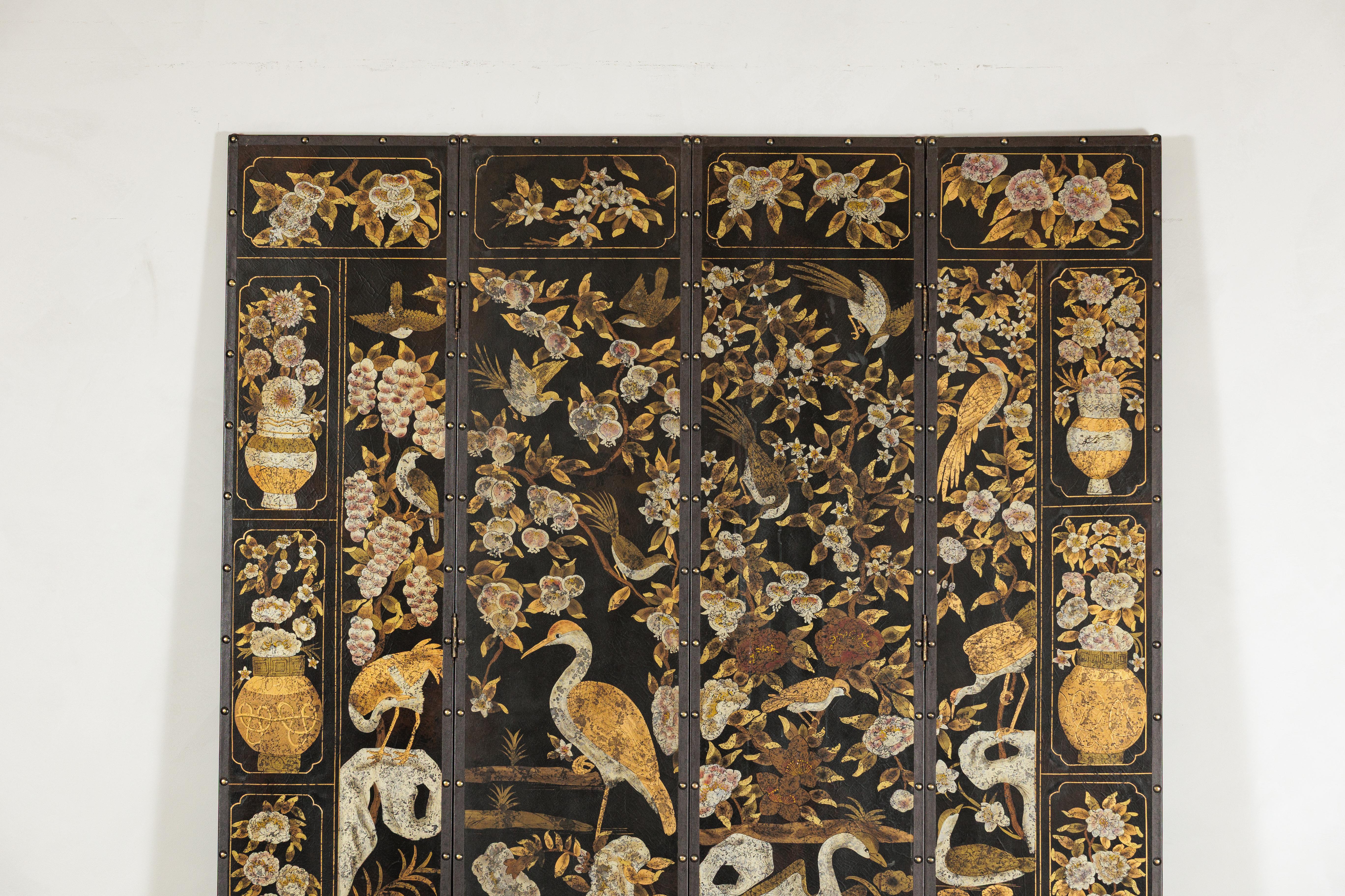 Chinese Black and Gold Four-Panel Screen with Cranes, Blossoms, and Nailhead Detail For Sale