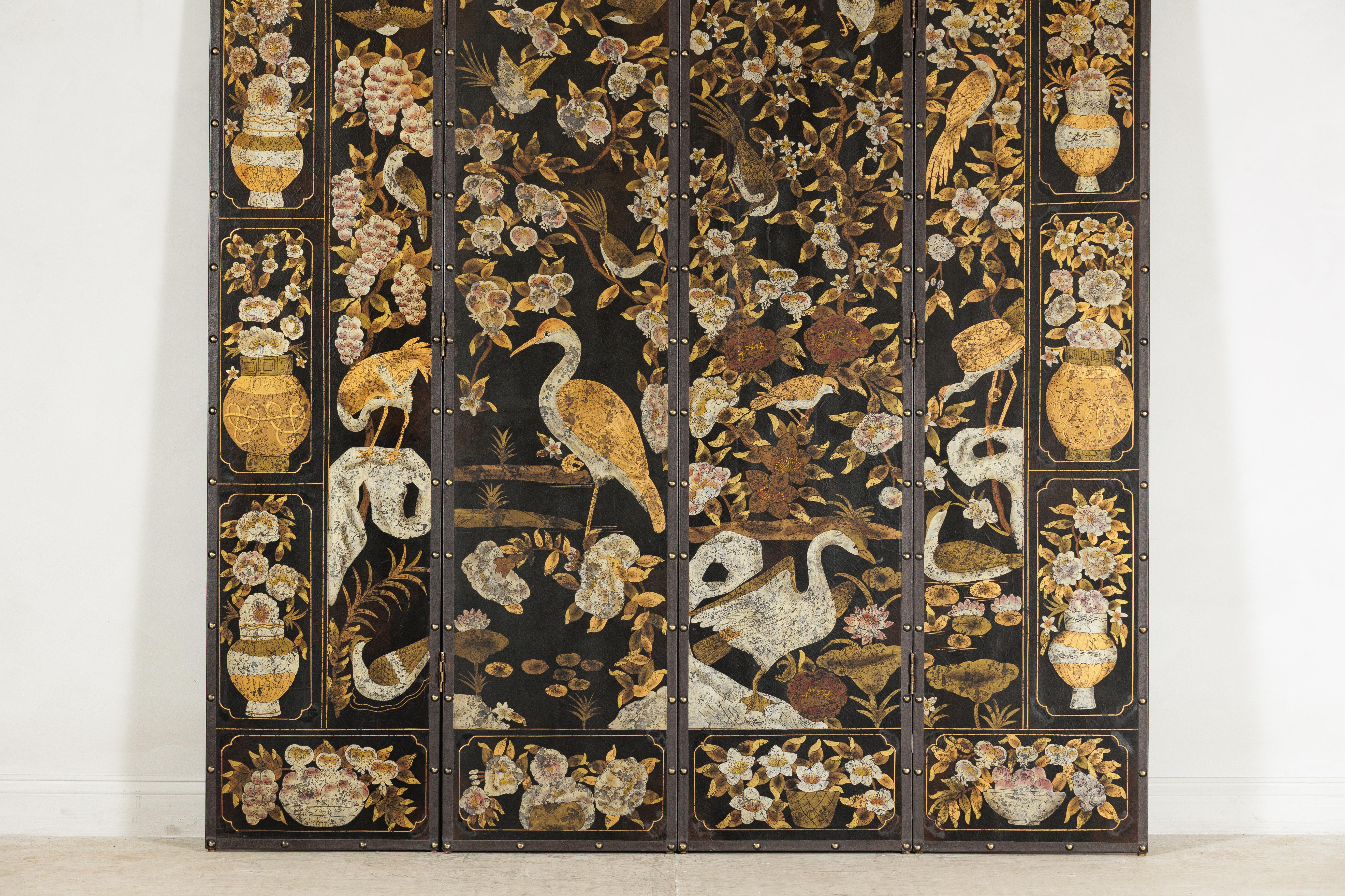 Lacquered Black and Gold Four-Panel Screen with Cranes, Blossoms, and Nailhead Detail For Sale