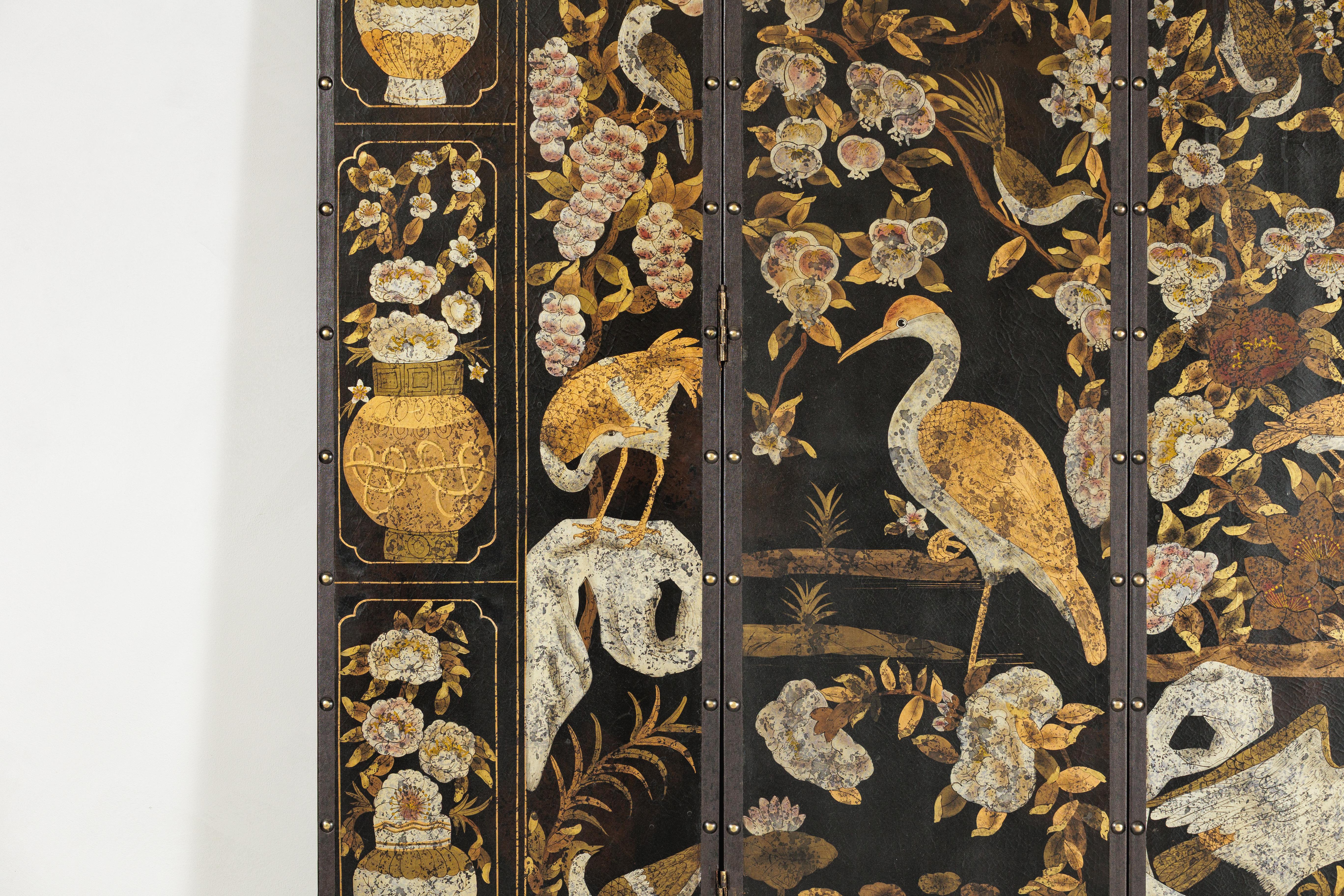 20th Century Black and Gold Four-Panel Screen with Cranes, Blossoms, and Nailhead Detail For Sale
