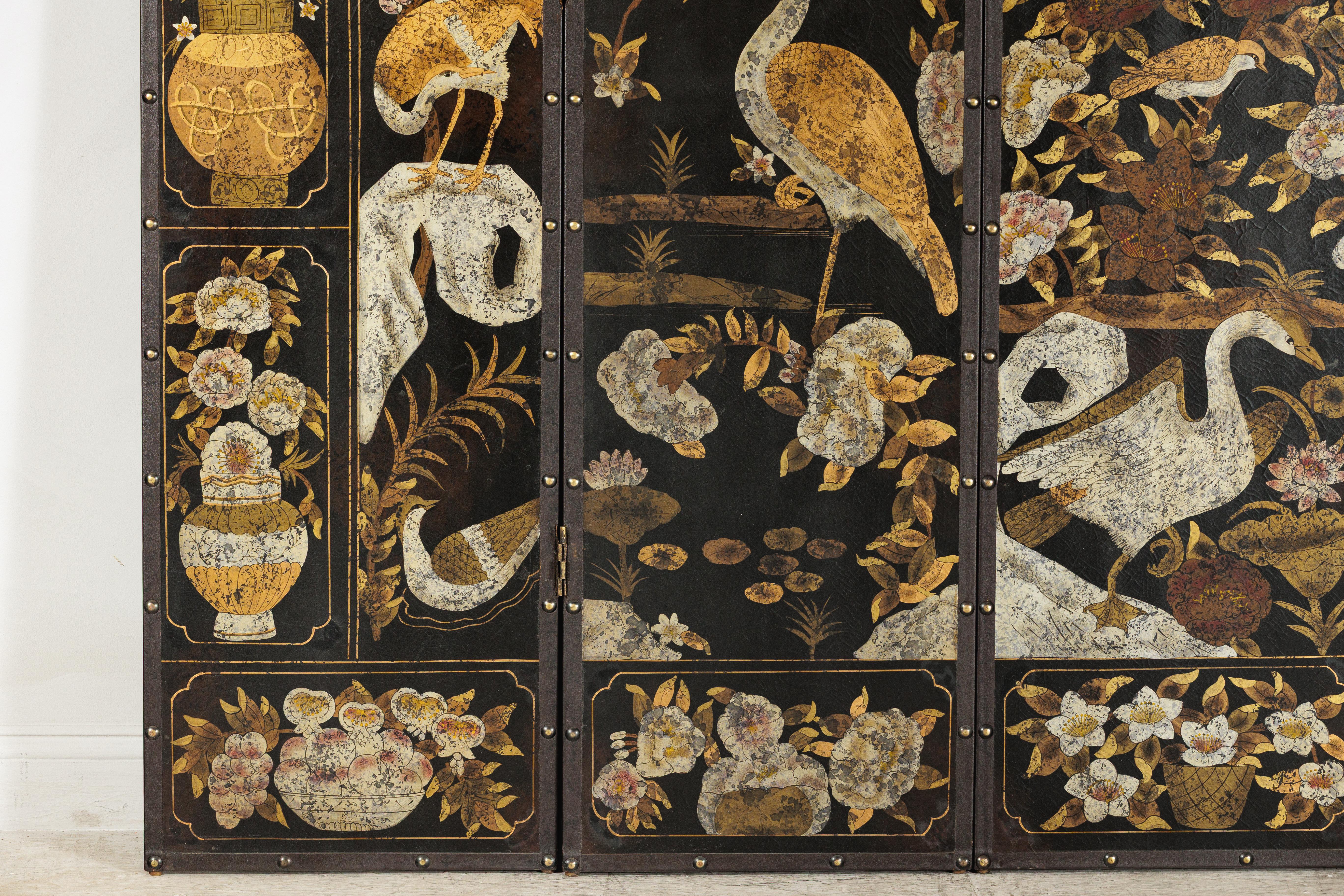Leather Black and Gold Four-Panel Screen with Cranes, Blossoms, and Nailhead Detail For Sale