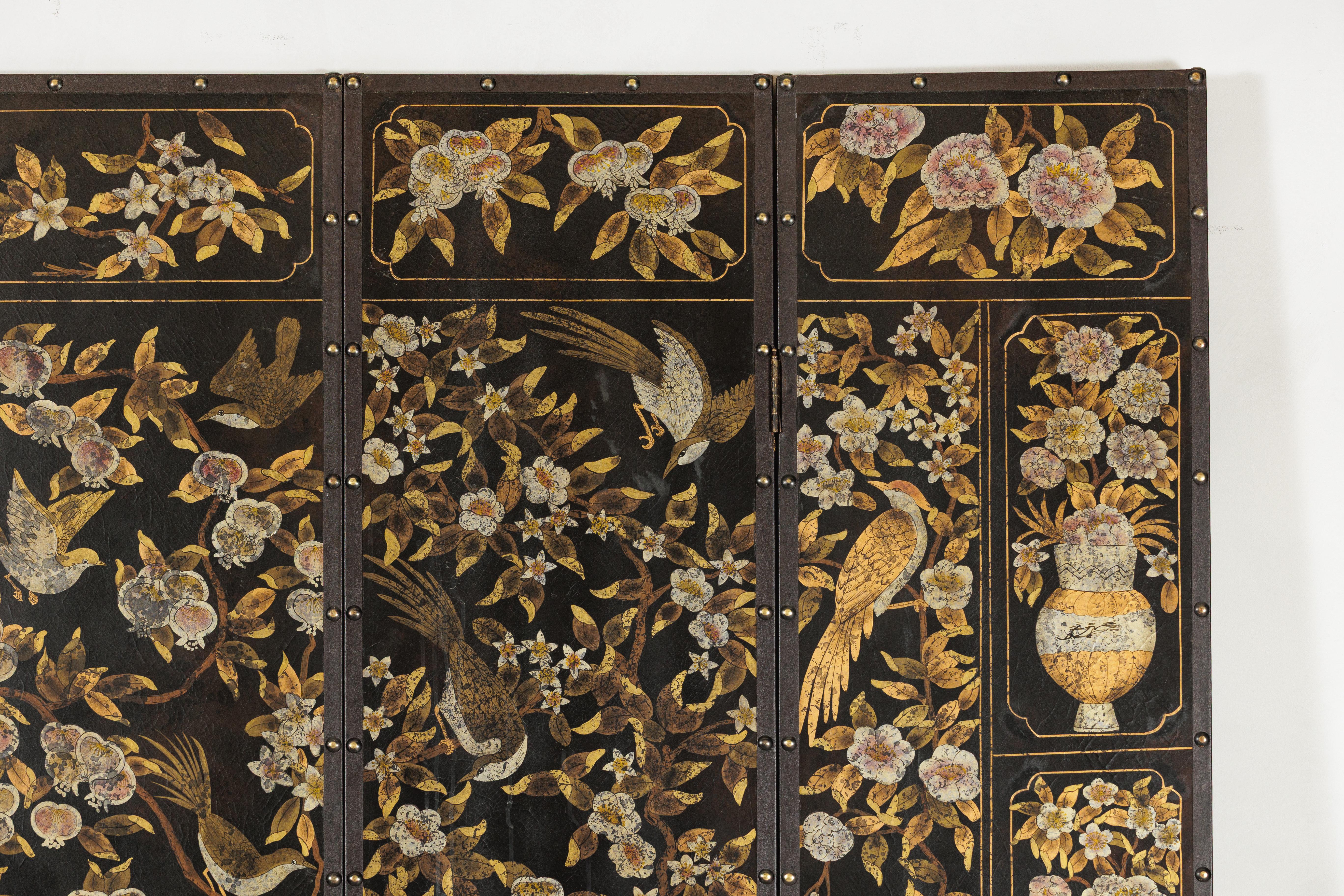 Black and Gold Four-Panel Screen with Cranes, Blossoms, and Nailhead Detail For Sale 1