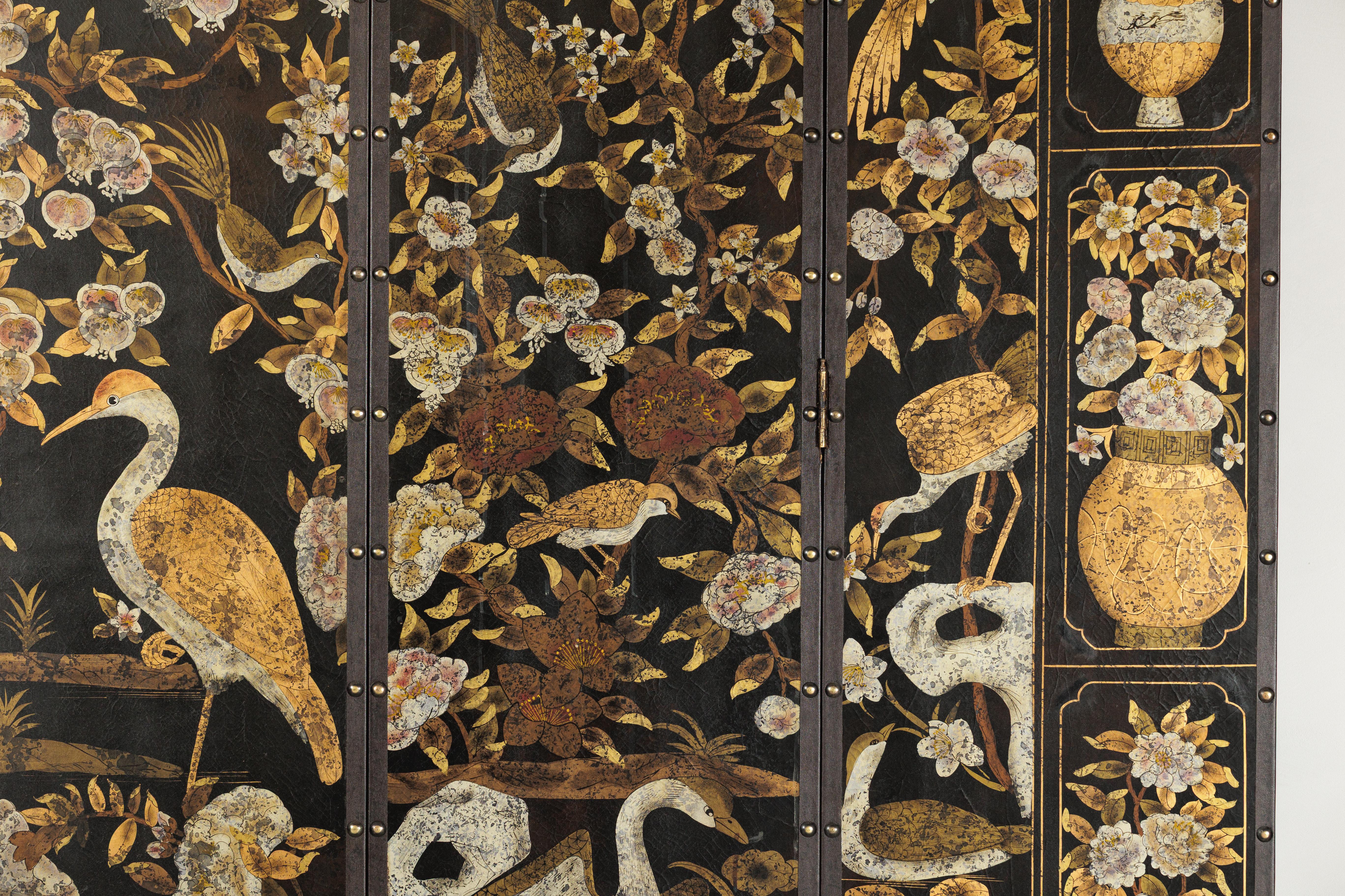 Black and Gold Four-Panel Screen with Cranes, Blossoms, and Nailhead Detail For Sale 2