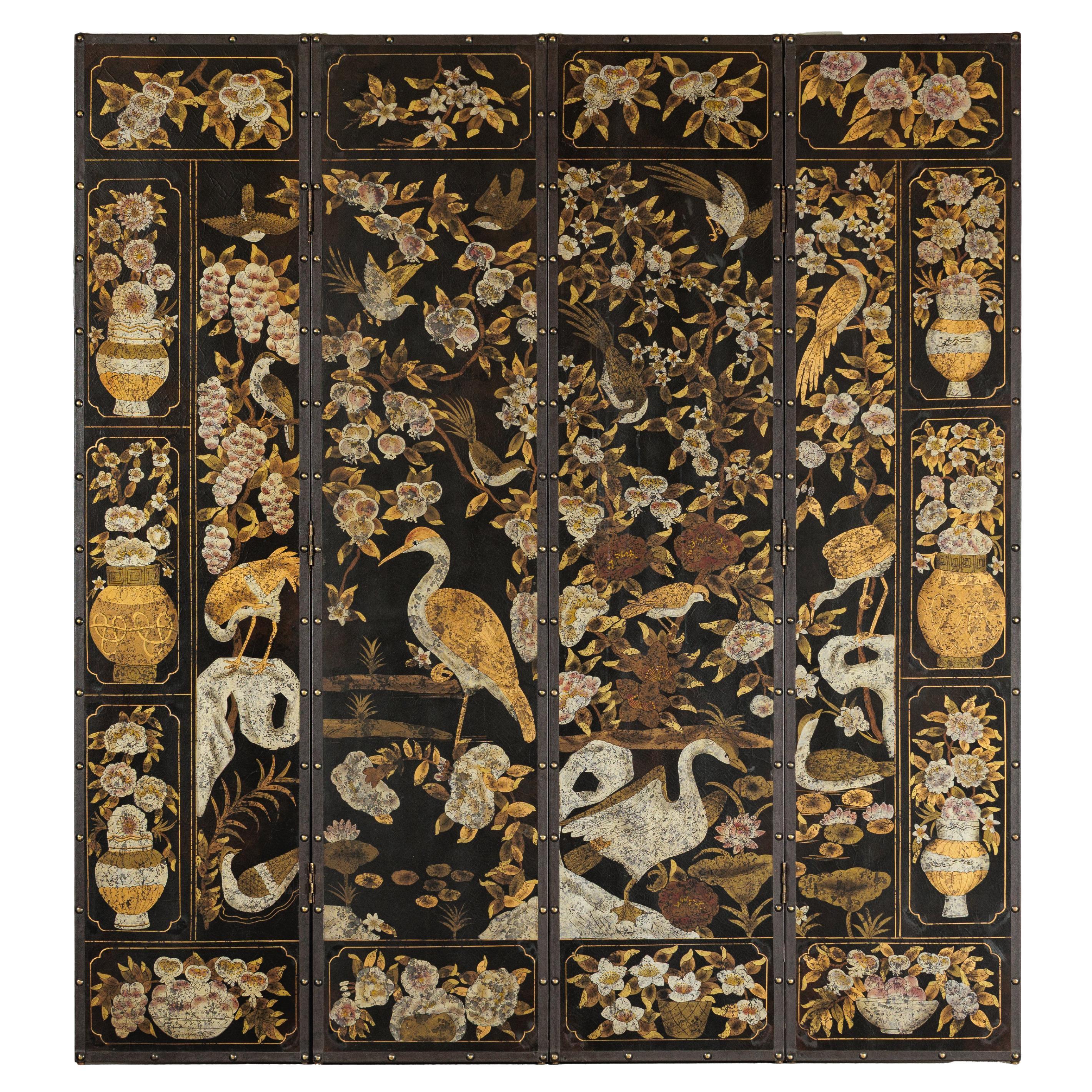 Black and Gold Four-Panel Screen with Cranes, Blossoms, and Nailhead Detail For Sale