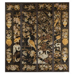 Black and Gold Four-Panel Screen with Cranes, Blossoms, and Nailhead Detail