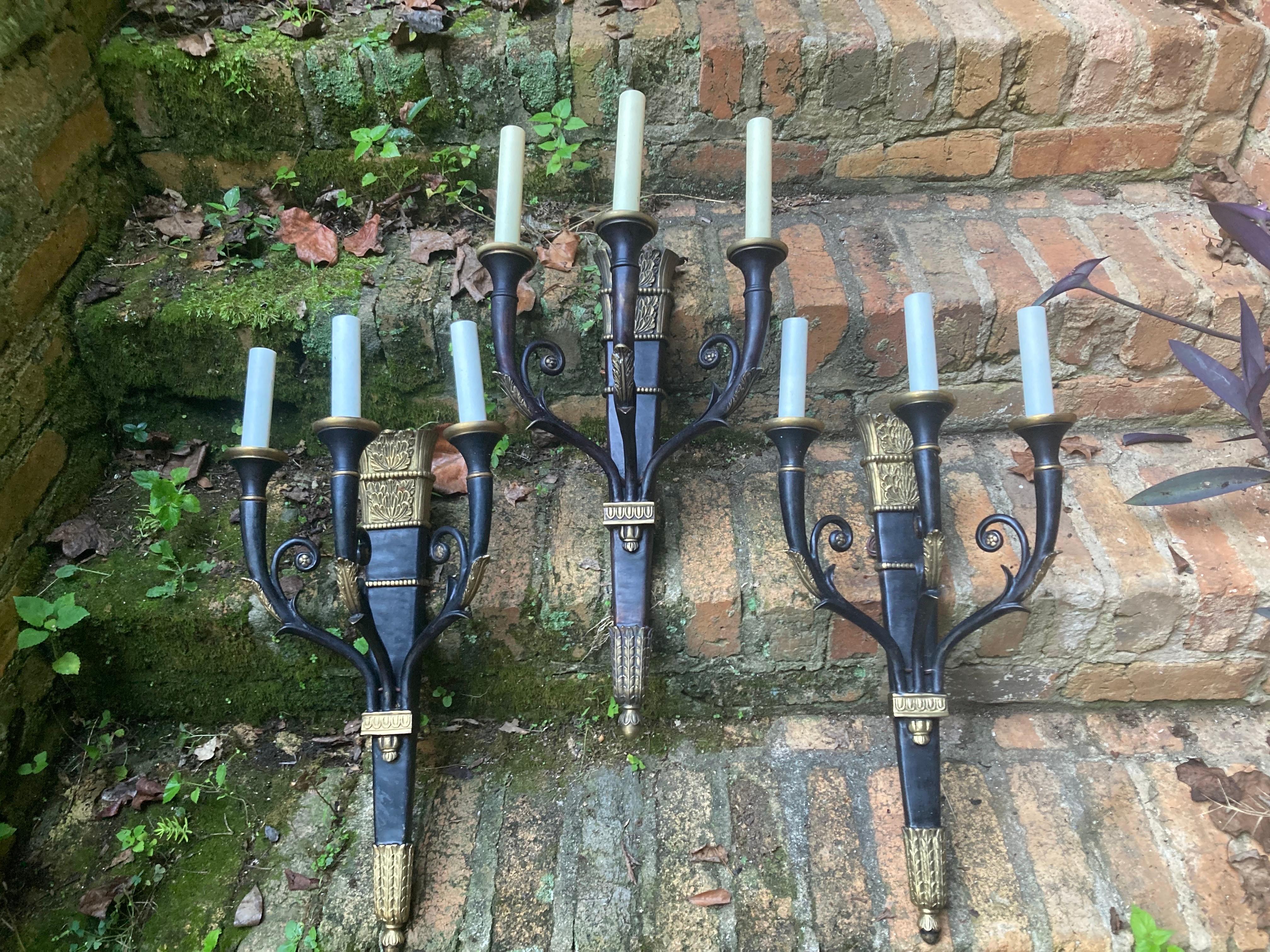black and gold gothic lighted wall sconces - set of 3 In Good Condition For Sale In Athens, GA