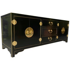Retro Black and Gold Heavy Brass Embellished Credenza