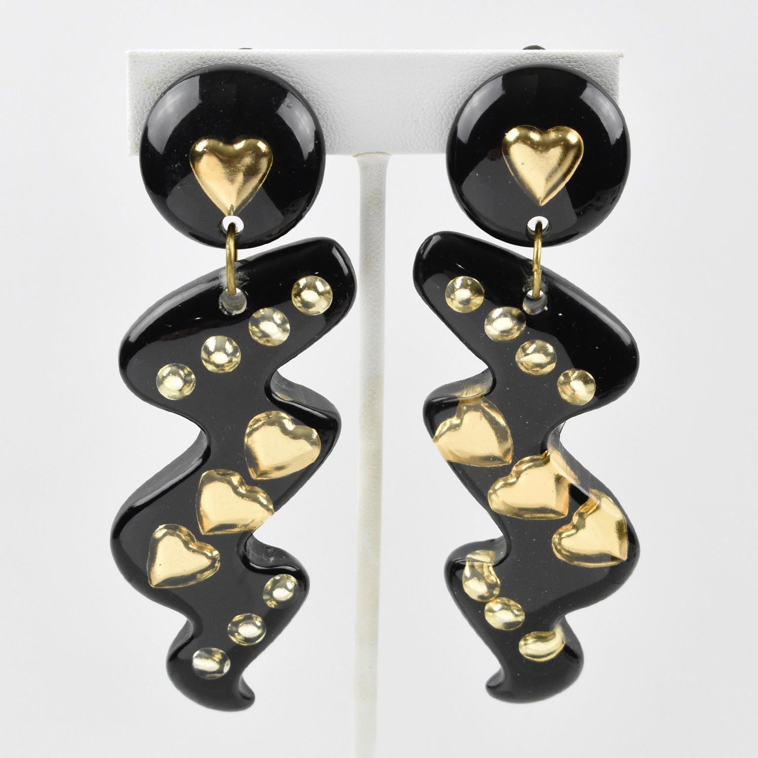 Black and Gold Inclusions Resin Dangle Earrings For Sale 1
